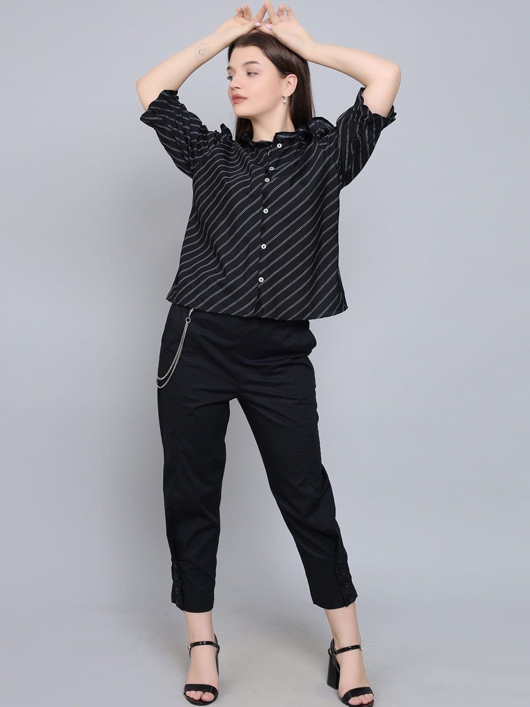 Baawri Striped Mandarin Collar Puff Sleeve Crepe Shirt Style Top image 6