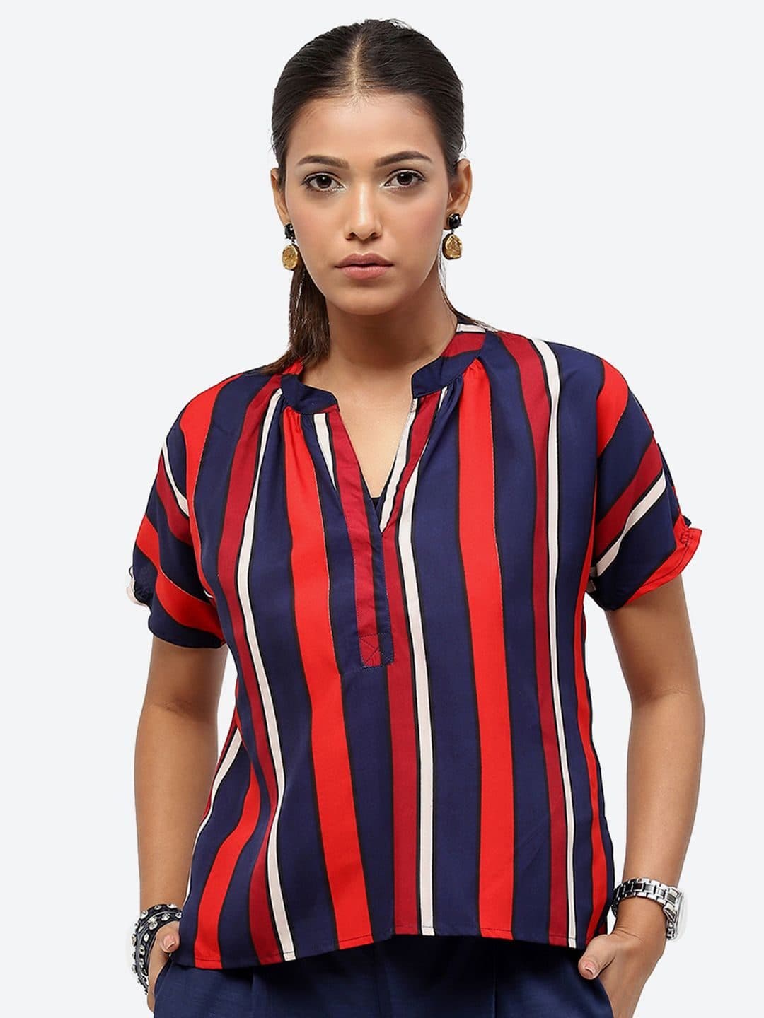Baawri Striped Mandarin Collar Short Sleeves Top image 1