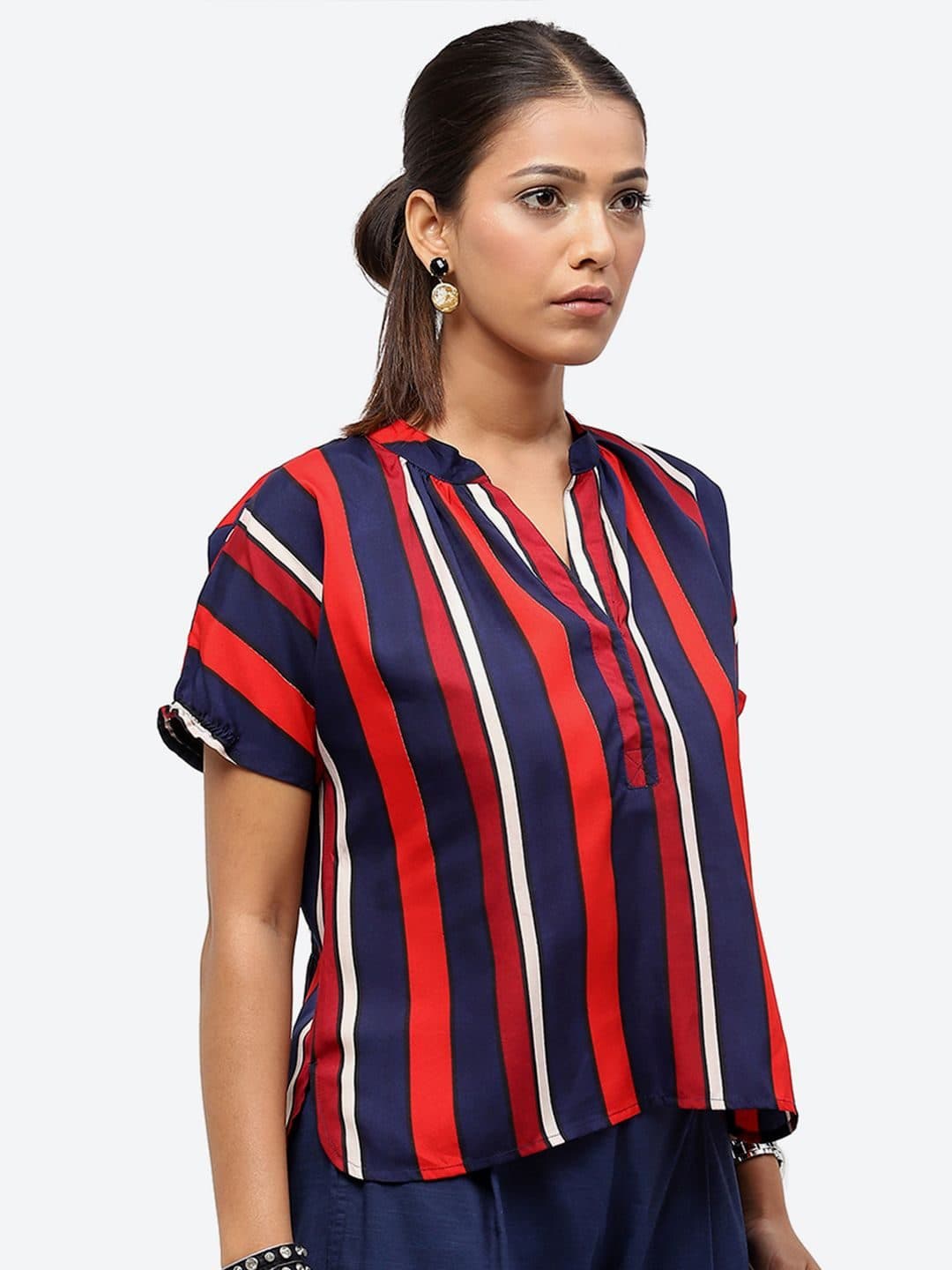 Baawri Striped Mandarin Collar Short Sleeves Top image 3