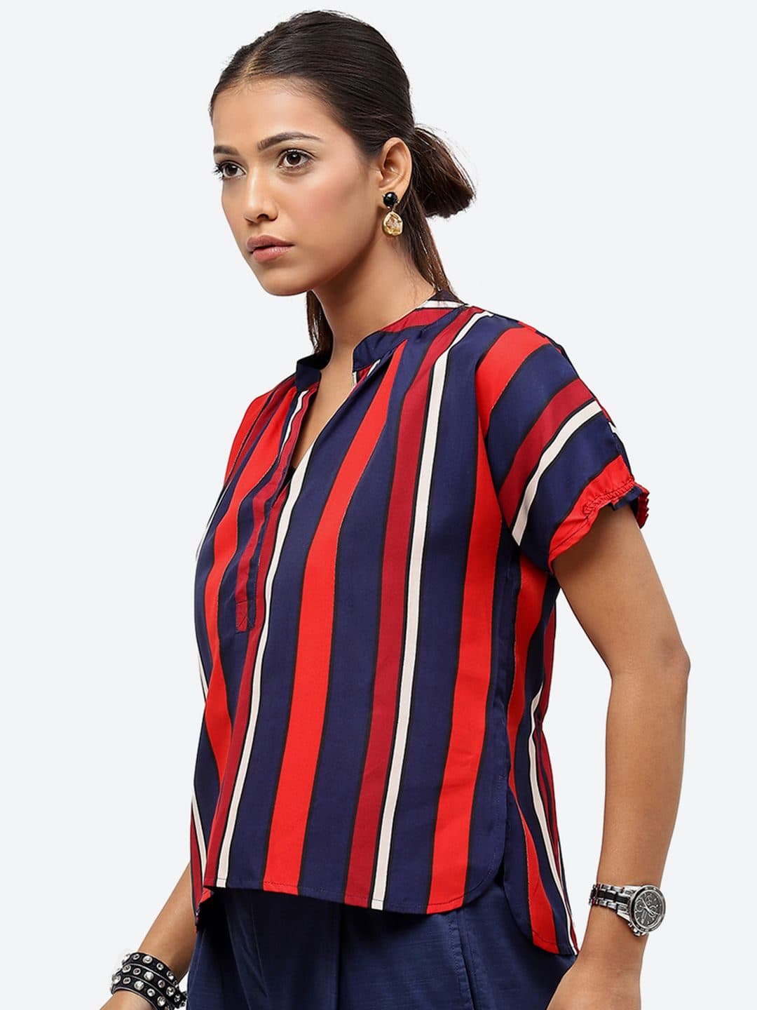 Baawri Striped Mandarin Collar Short Sleeves Top image 5