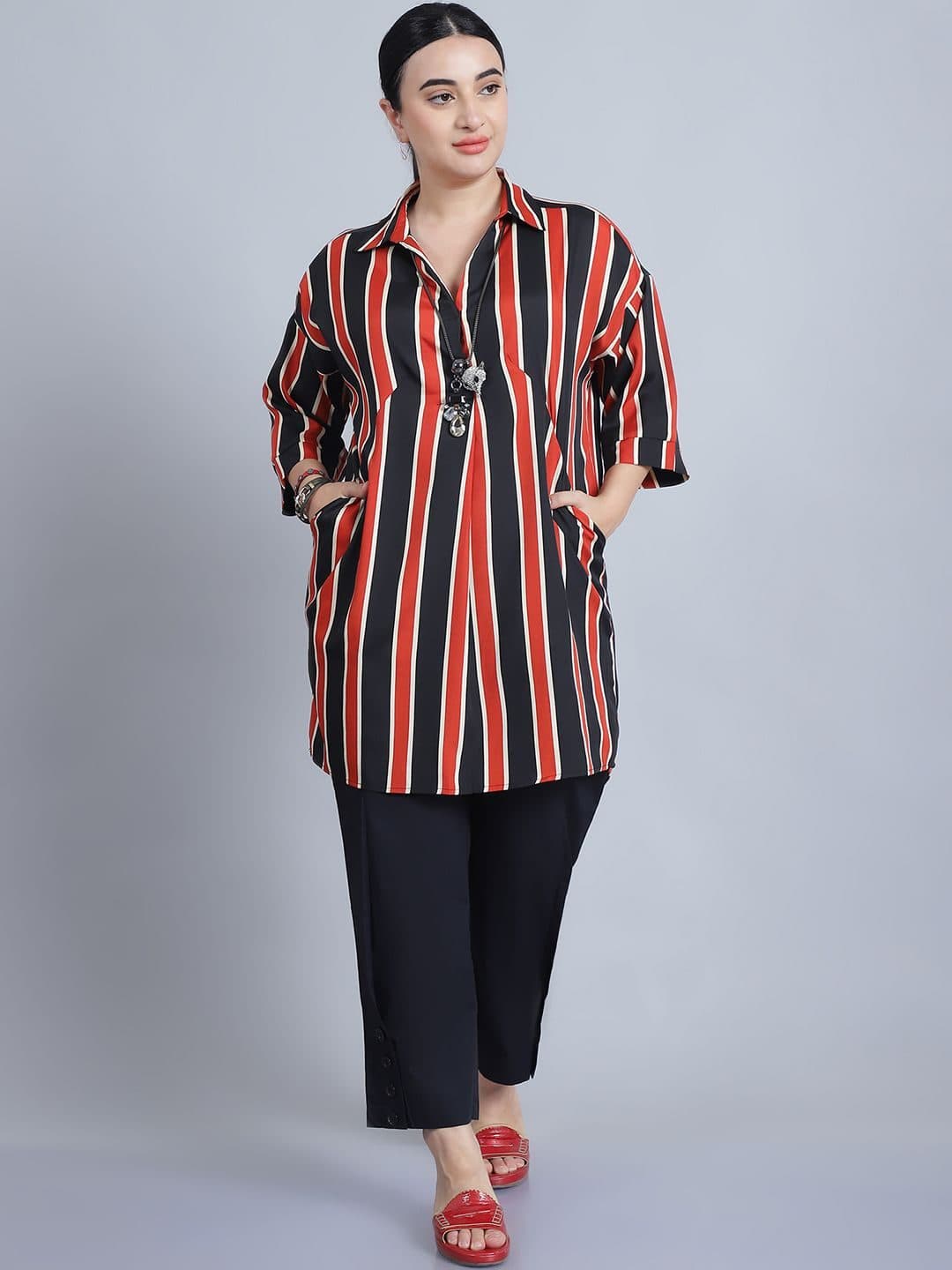 Baawri Striped Pattern Shirt Collar Shirt Style Top image 1