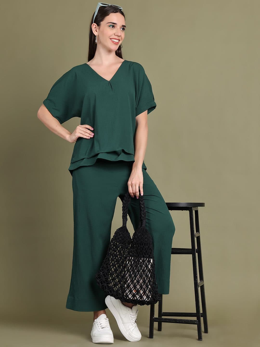 Baawri Women V-Neck Short Sleeve Top & Trousers Co-Ords image 1