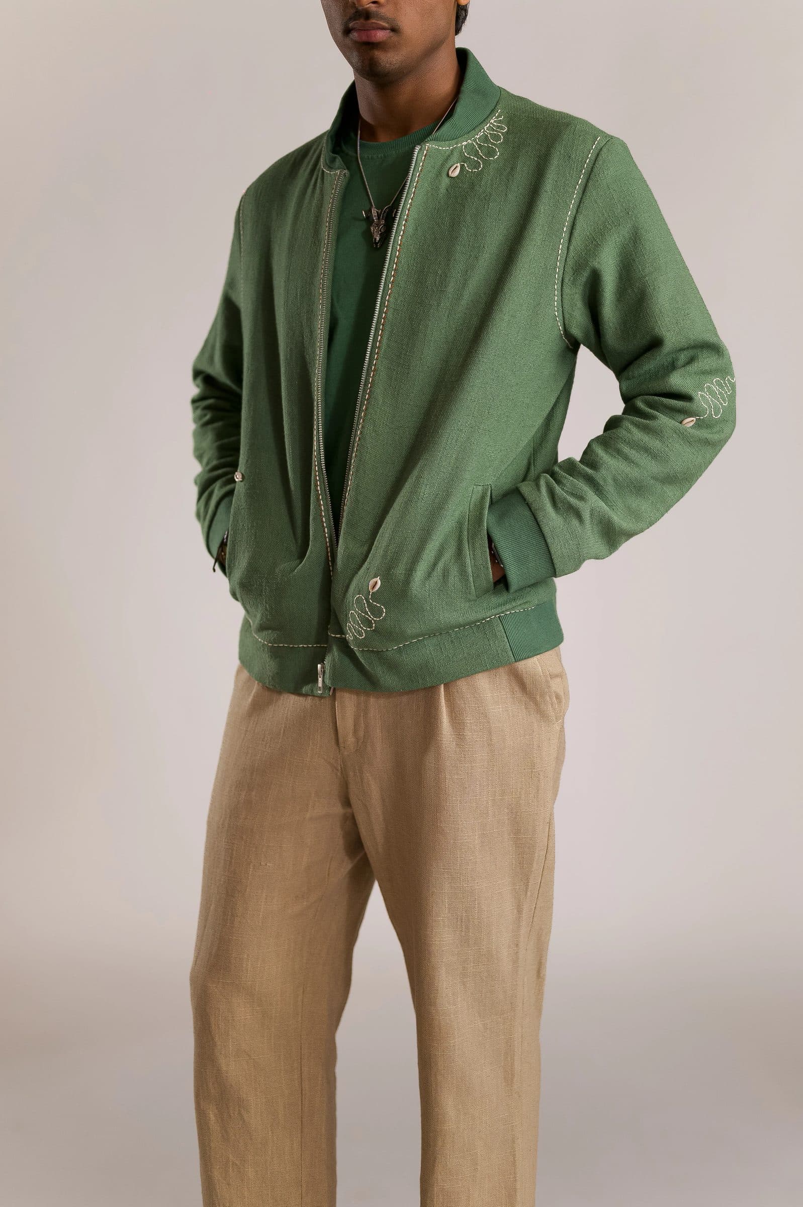Multi Serpent Embroidered Bomber - Green