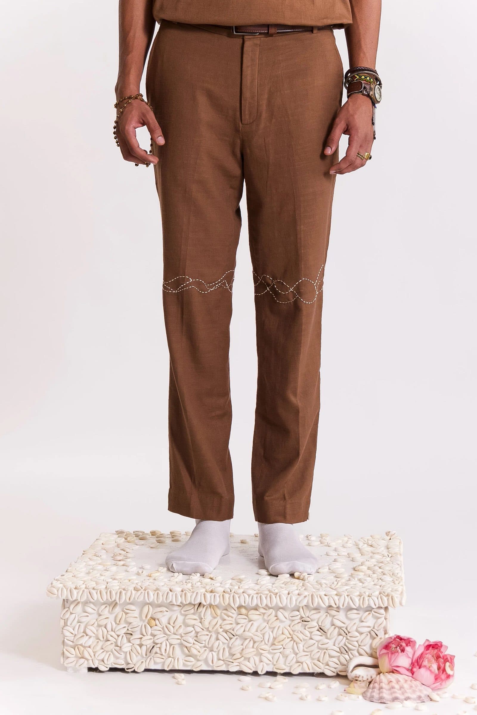 Wave Embroidered Trouser - Brown