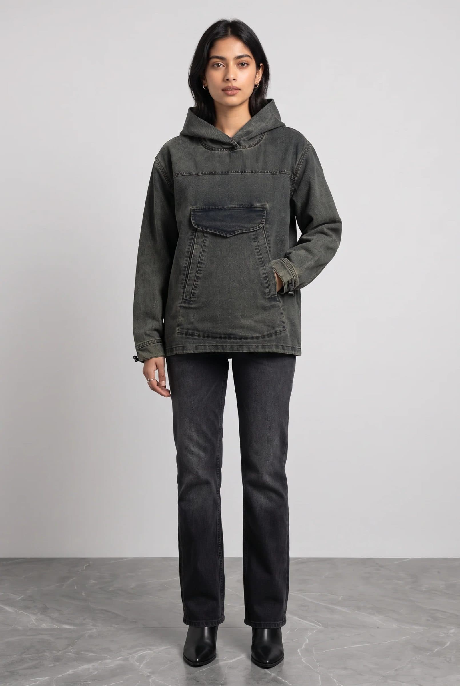 ACID WASH DENIM WOMEN'S HOODIE image 4