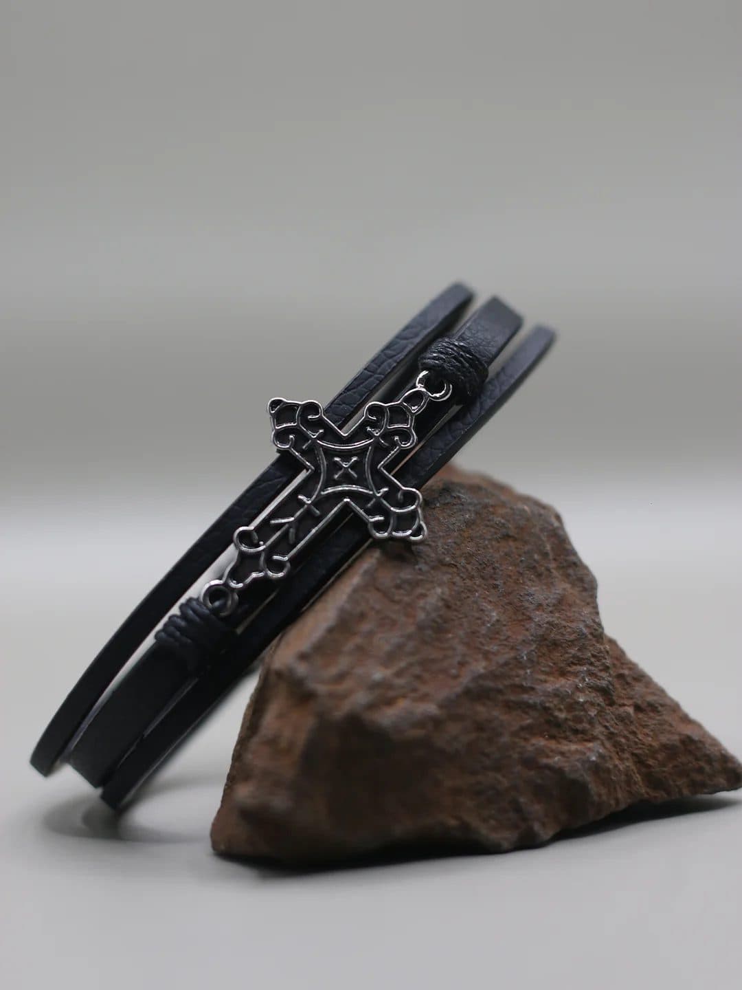BIG CROSS BLACK BRACELET FOR MEN image 1