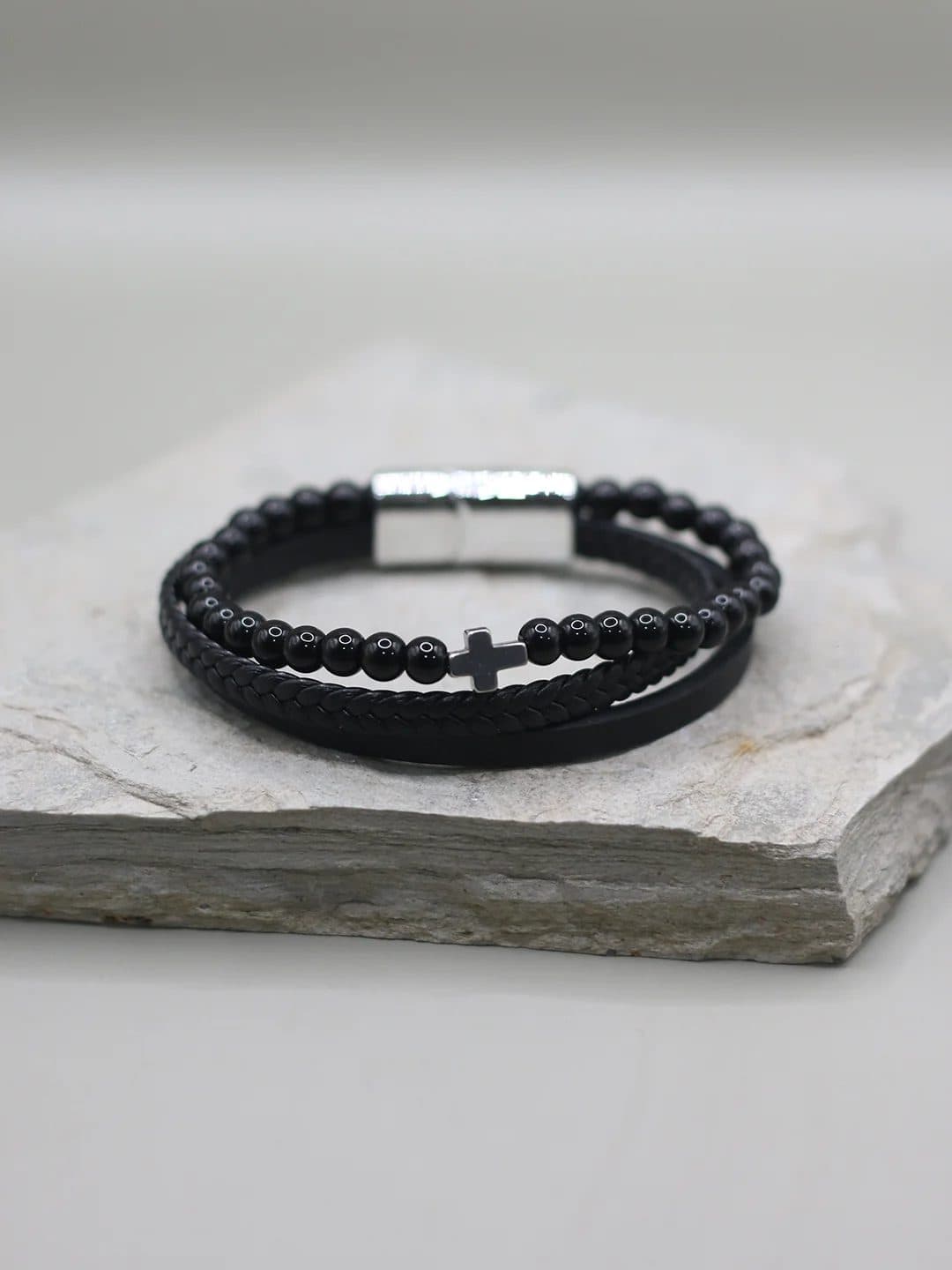 BLACK BEADED CROSS BRACELET FOR MEN image 2