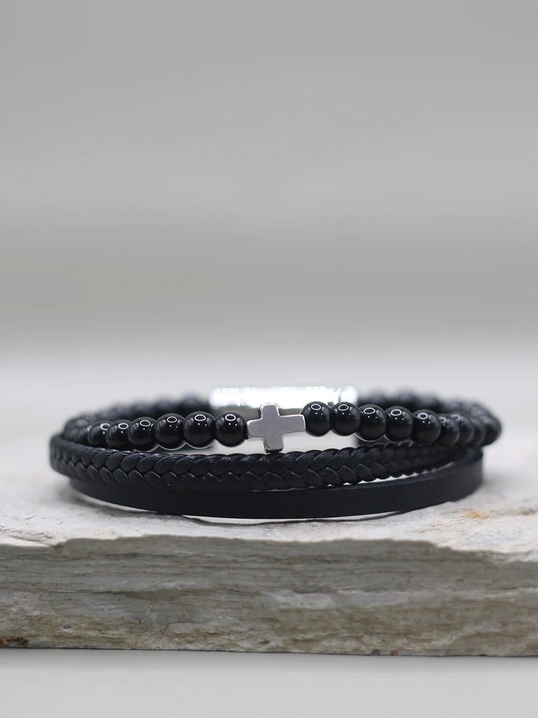 BLACK BEADED CROSS BRACELET FOR MEN image 1