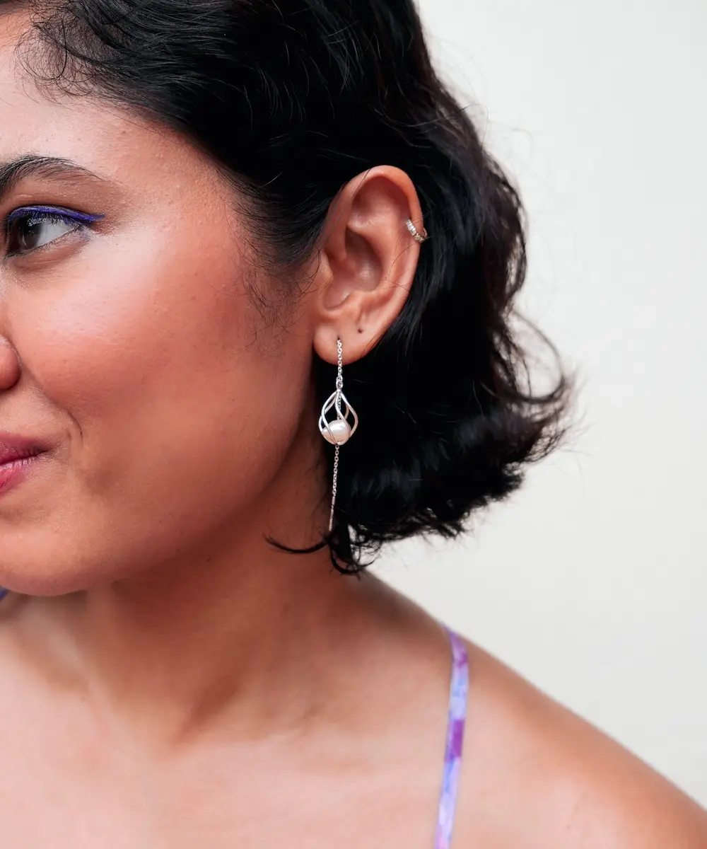 Caged Pearl Threader Earring image 2