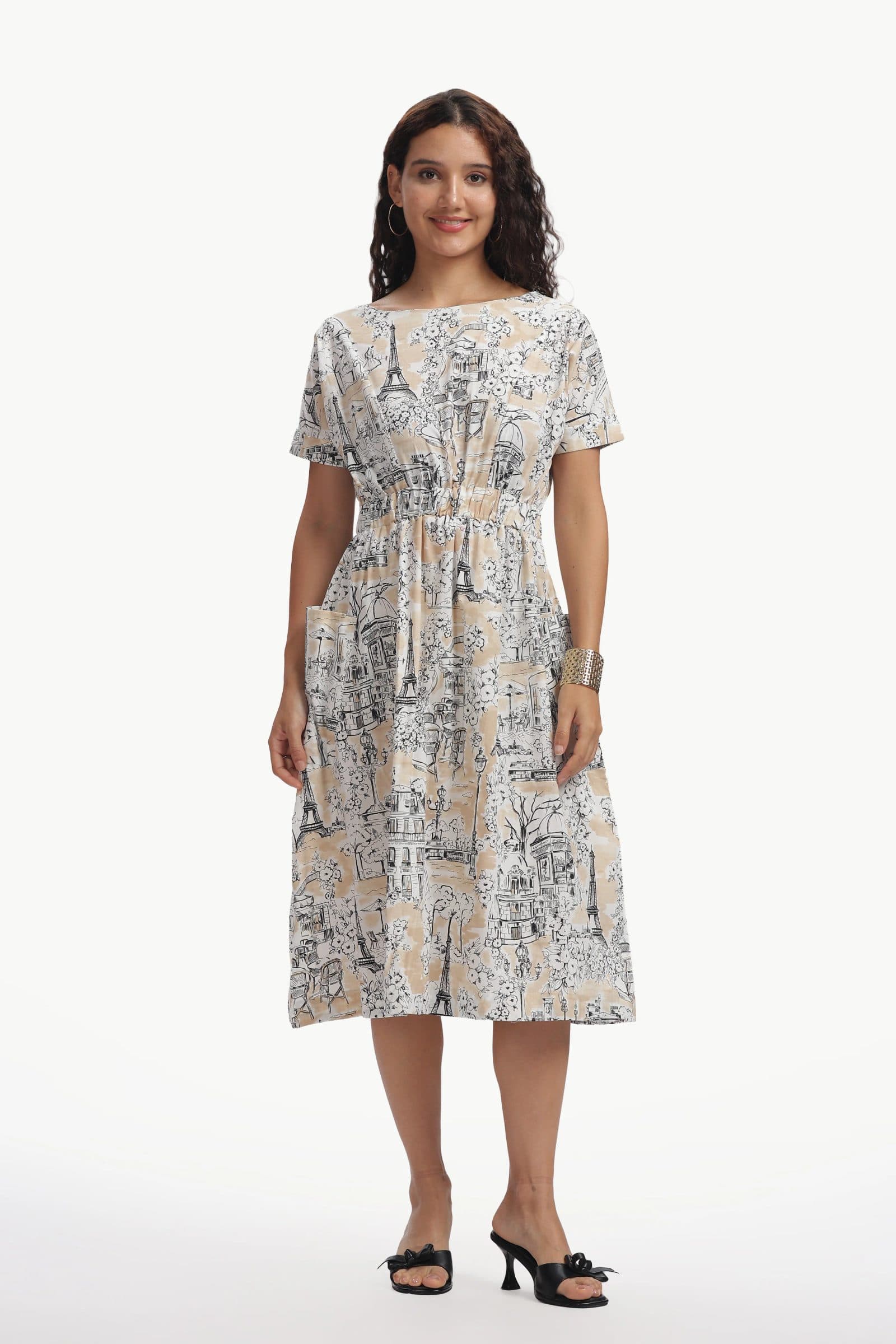 Beige and Black Cotton Poplin Payana Dress for Women image 1