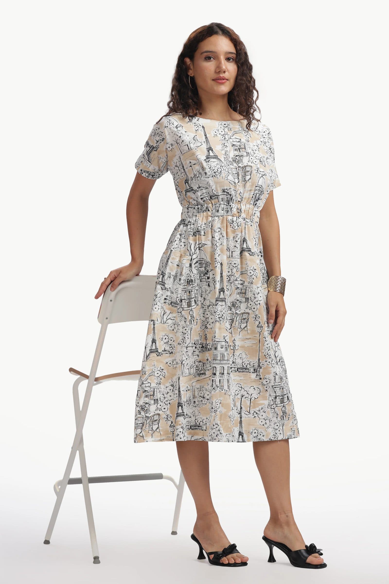 Beige and Black Cotton Poplin Payana Dress for Women image 3