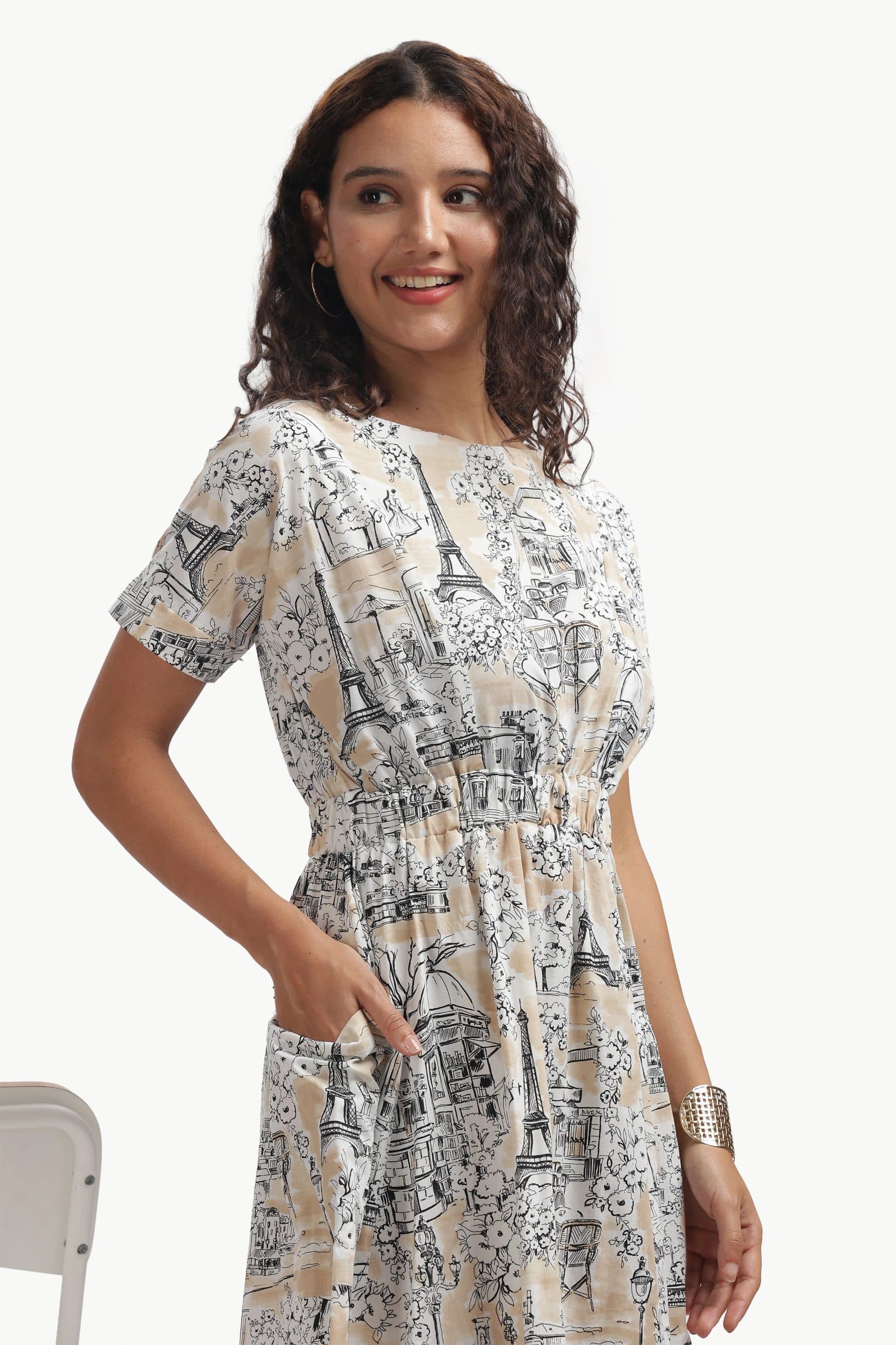 Beige and Black Cotton Poplin Payana Dress for Women image 4
