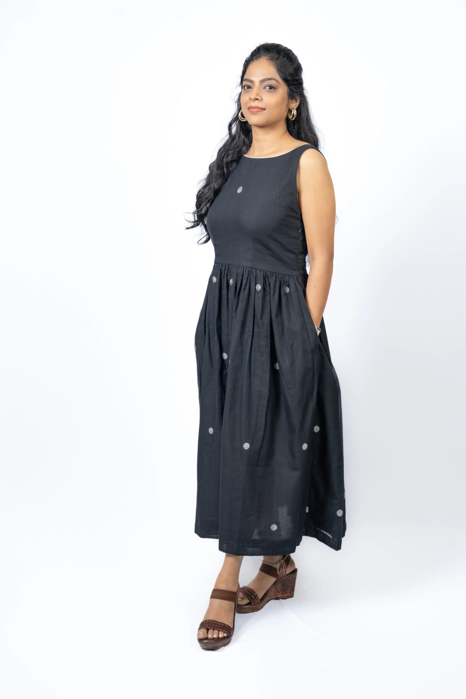 Black Cotton Mul Krishna Jamdani Dress For Women