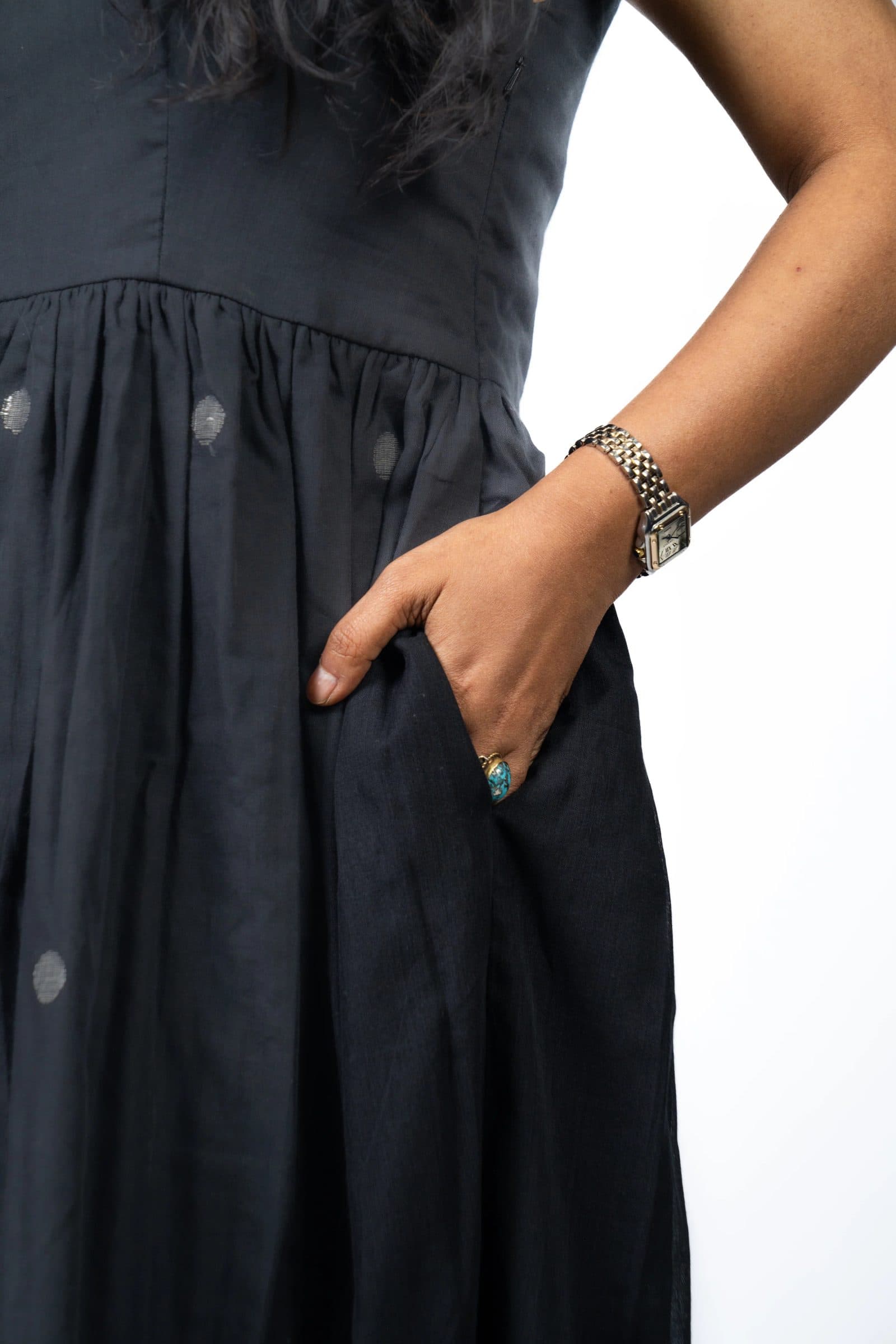 Black Cotton Mul Krishna Jamdani Dress For Women hover