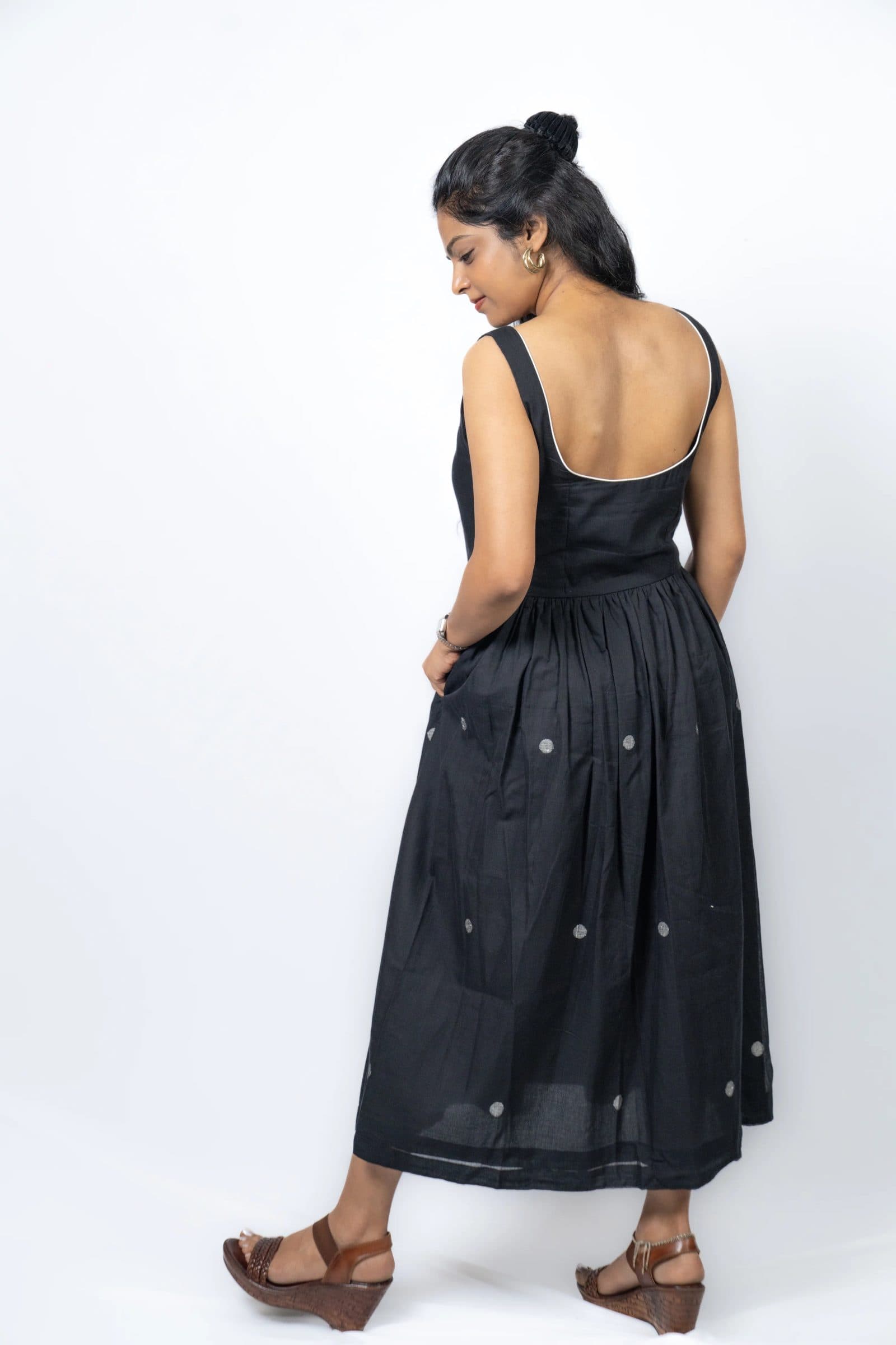 Black Cotton Mul Krishna Jamdani Dress For Women image 4