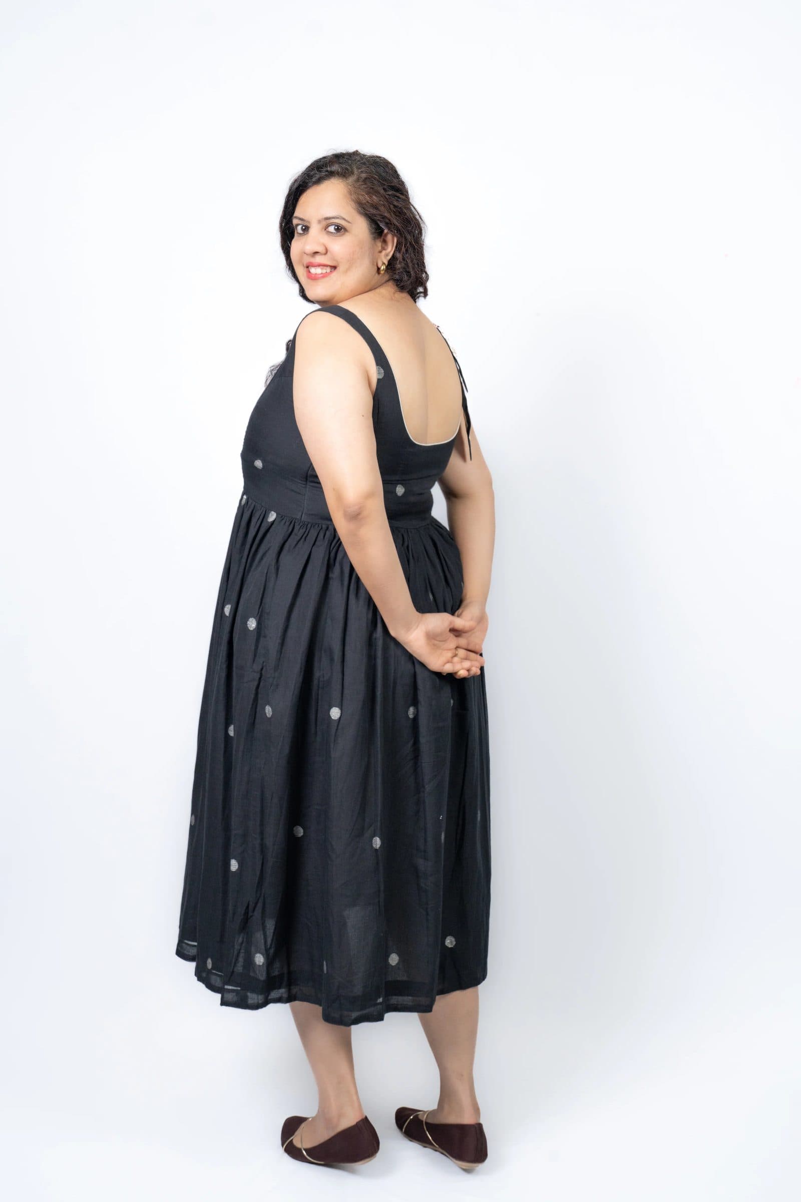 Black Cotton Mul Krishna Jamdani Dress For Women image 6