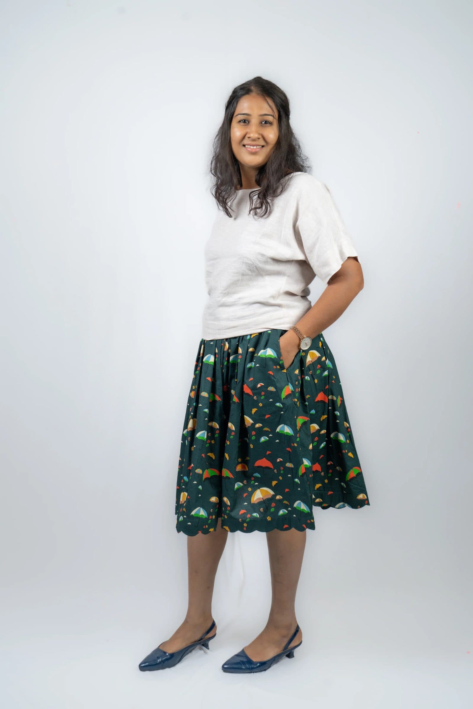 Green Cotton Varsha Scallop Skirt For Women