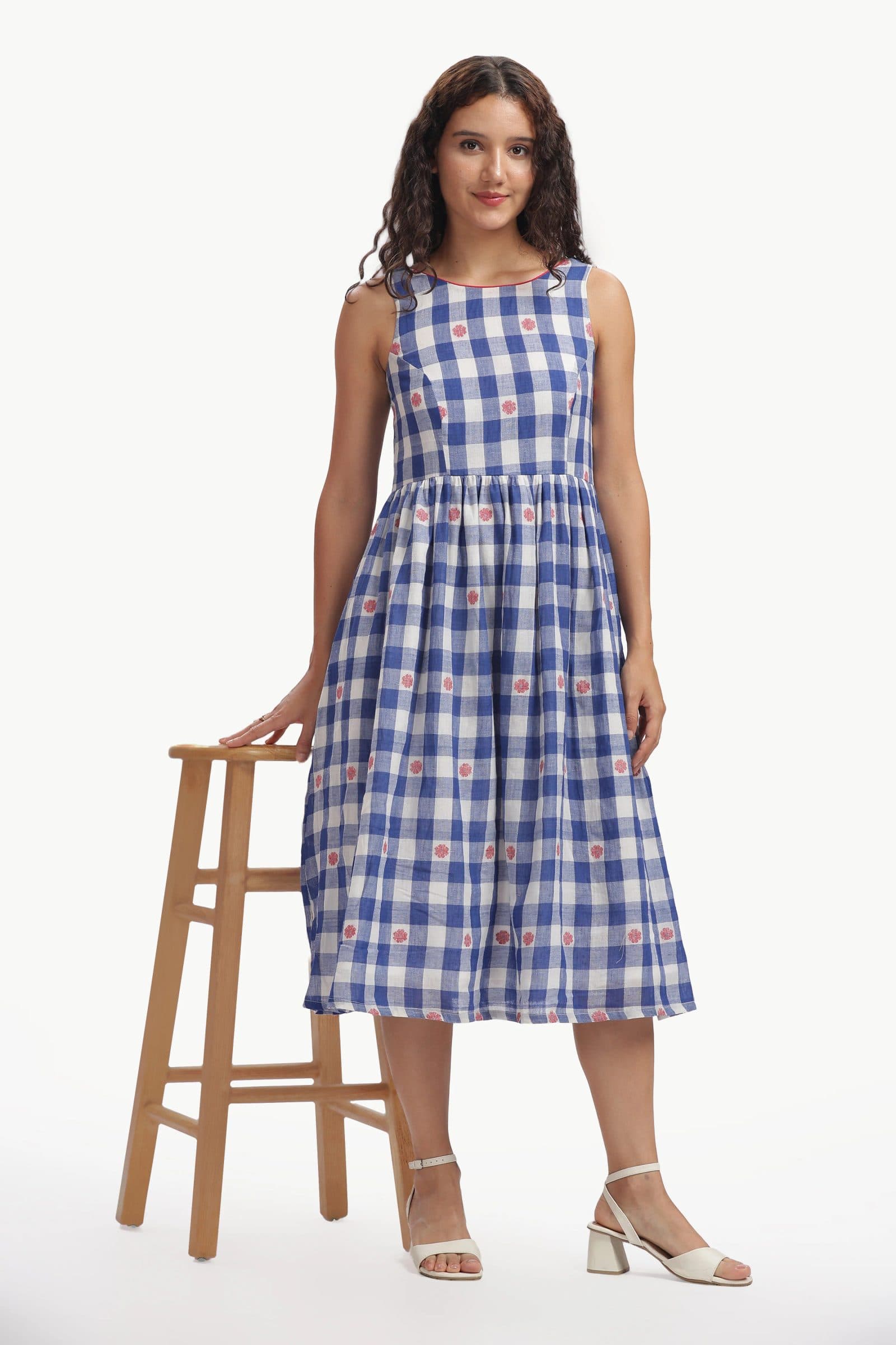 Blue Mul Cotton Neeli Chowka Jamdani Dress For Women image 3