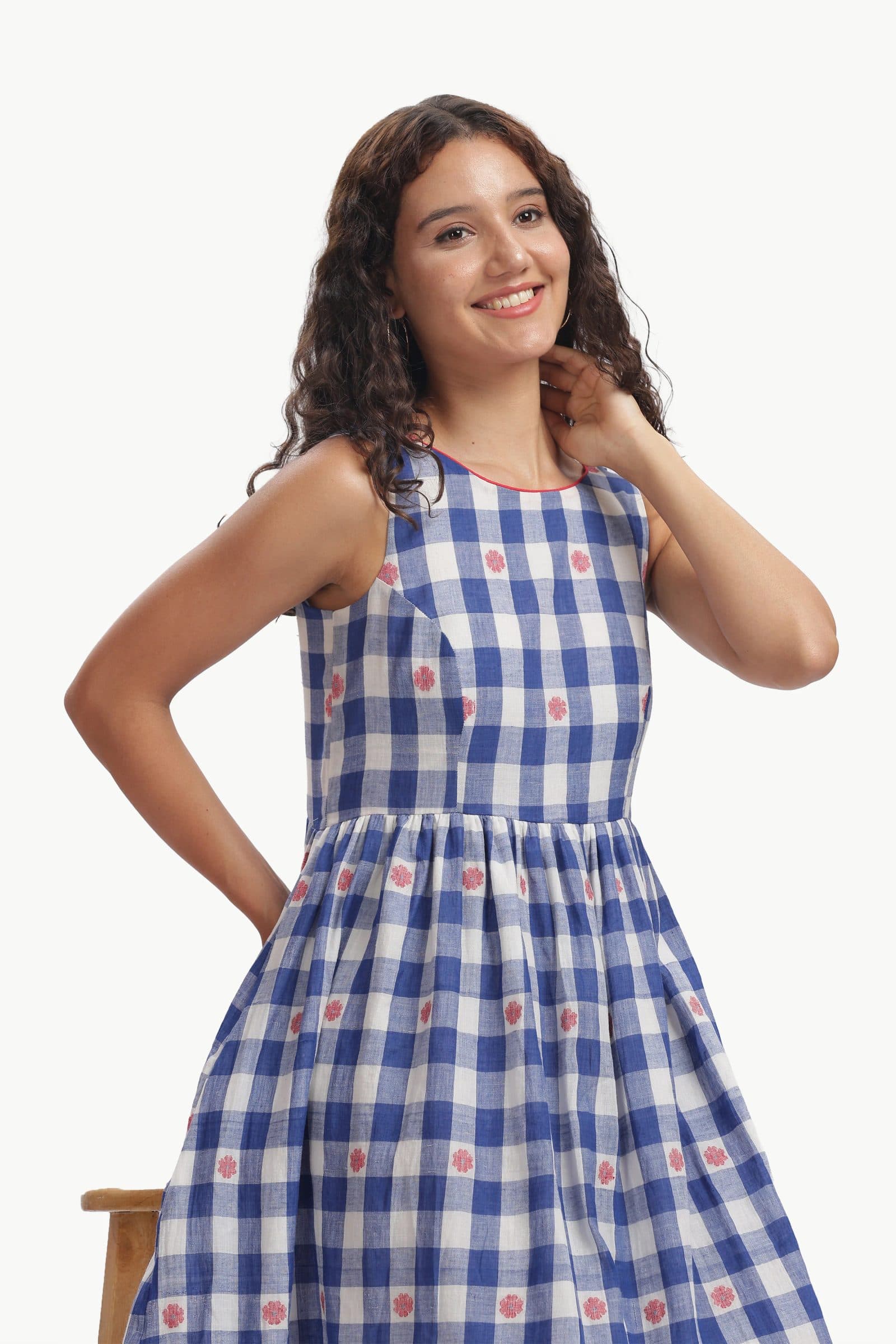 Blue Mul Cotton Neeli Chowka Jamdani Dress For Women image 4
