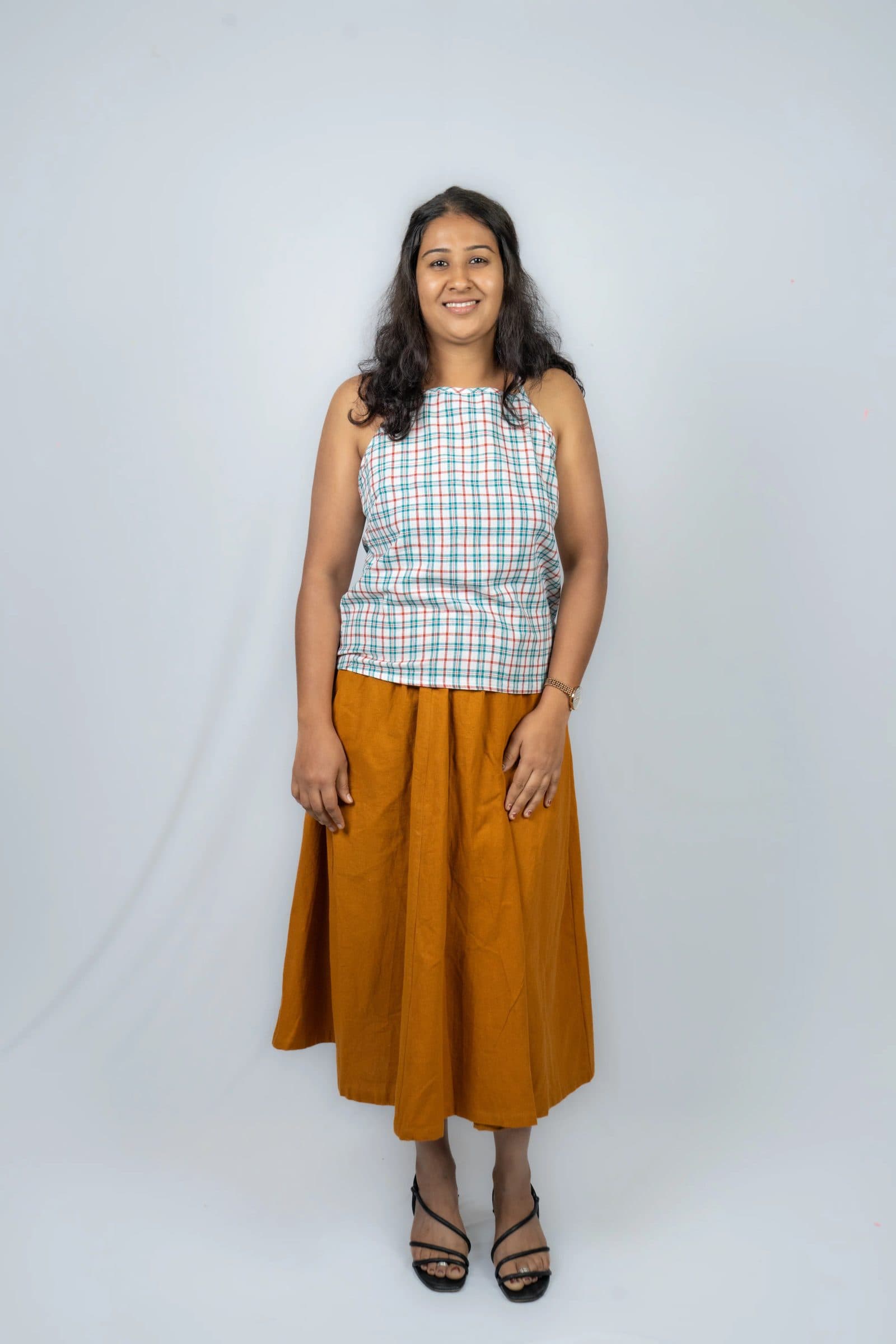 Mustard Handwoven Kala Cotton Ganga Midi Skirt For Women