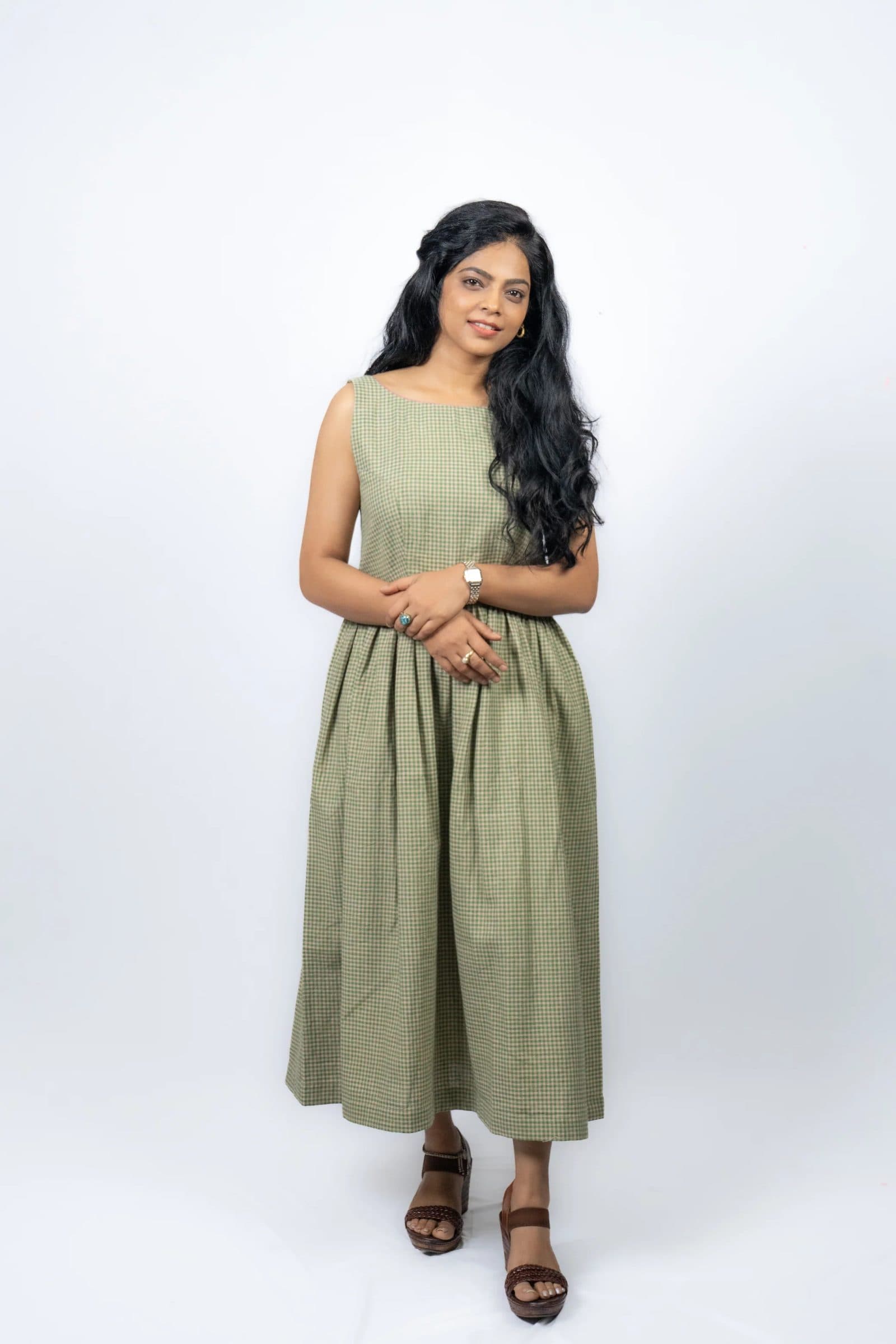 Green Handloom Khadi Cotton Pakshi Midi Dress For Women image 1