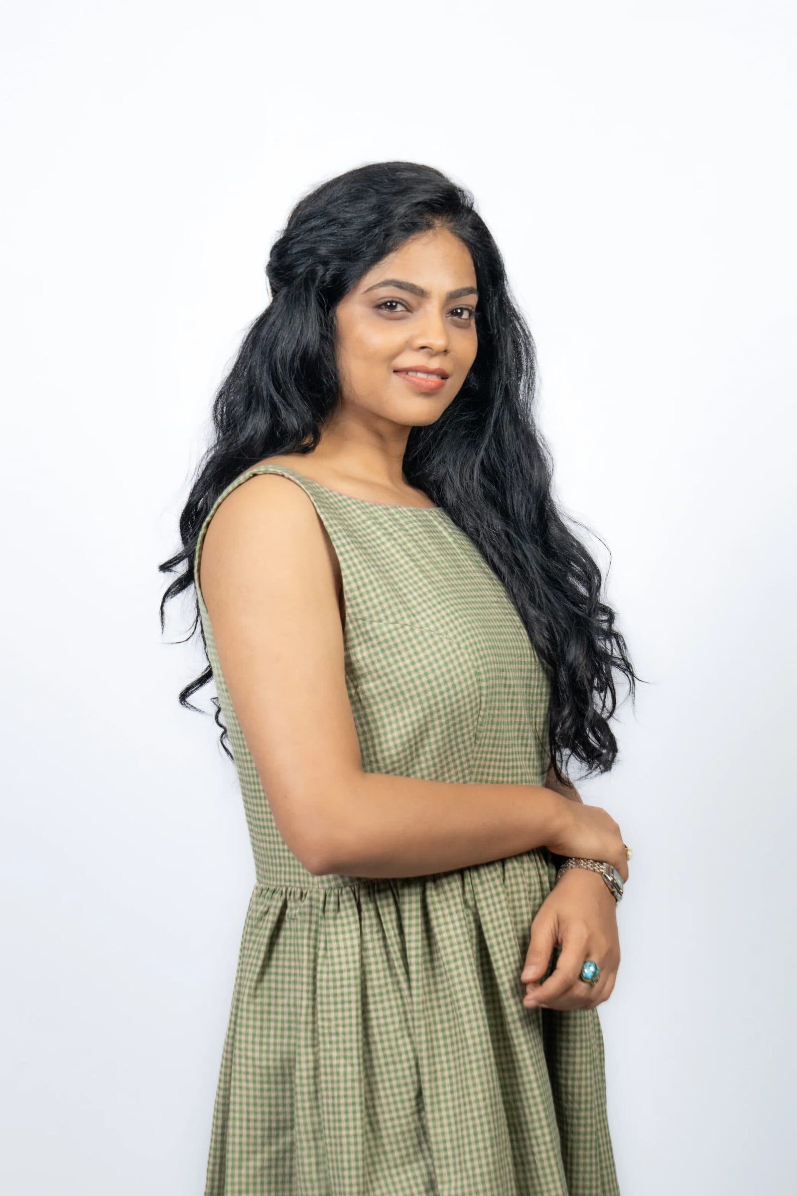 Green Handloom Khadi Cotton Pakshi Midi Dress For Women image 3