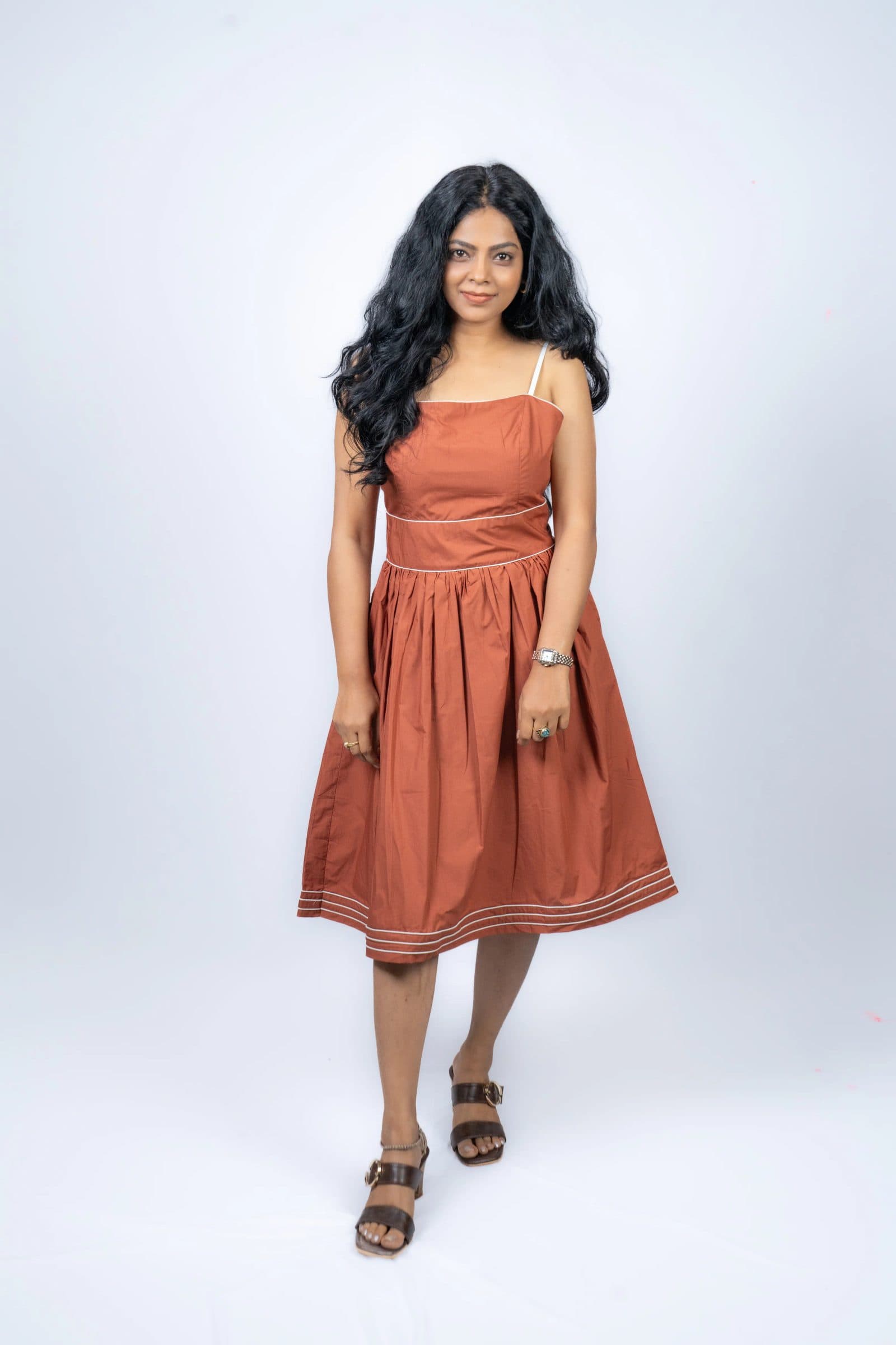 Brick Red Cotton Medha Dress For Women