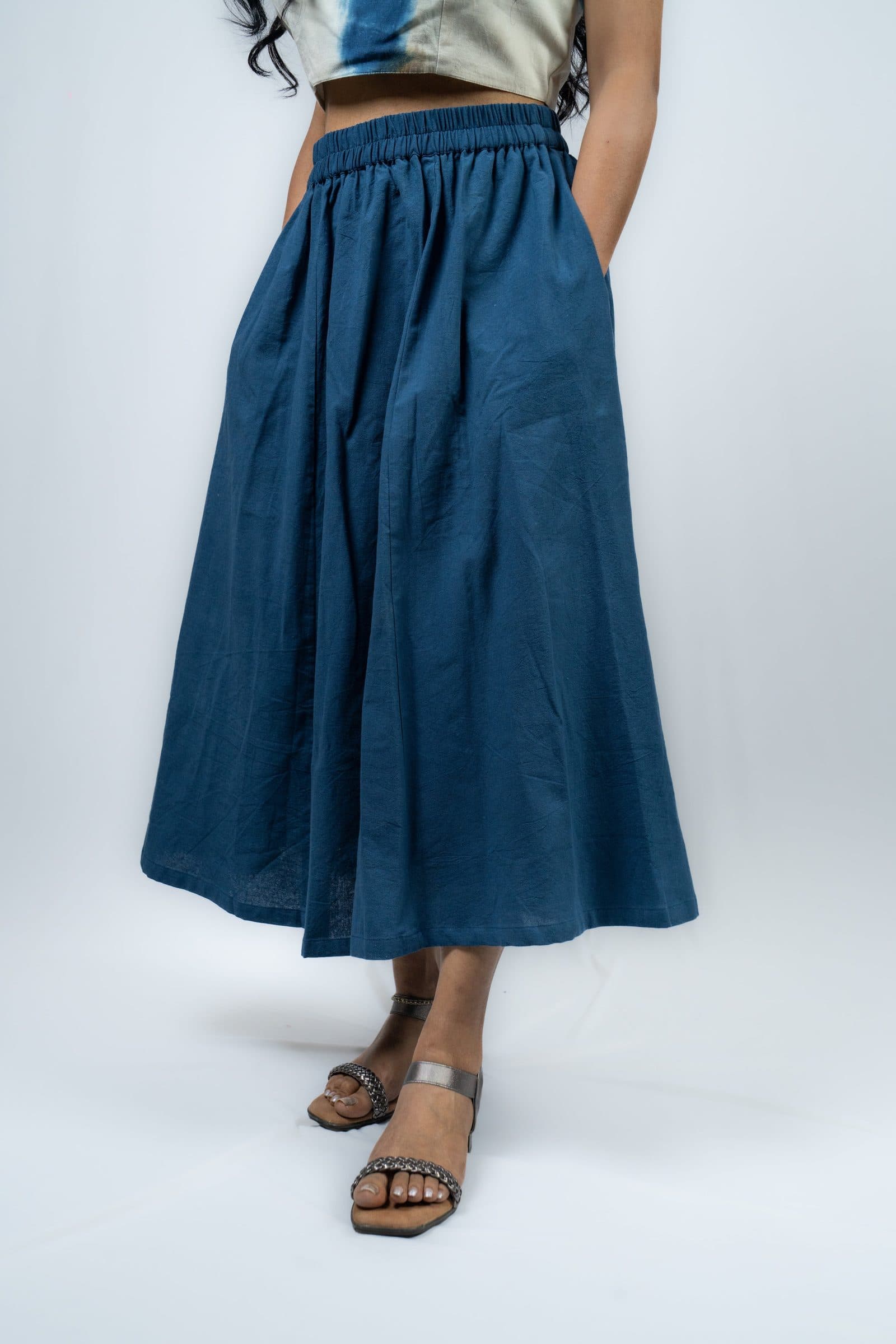 Blue Handwoven Kala Cotton Jala Midi Skirt For Women hover