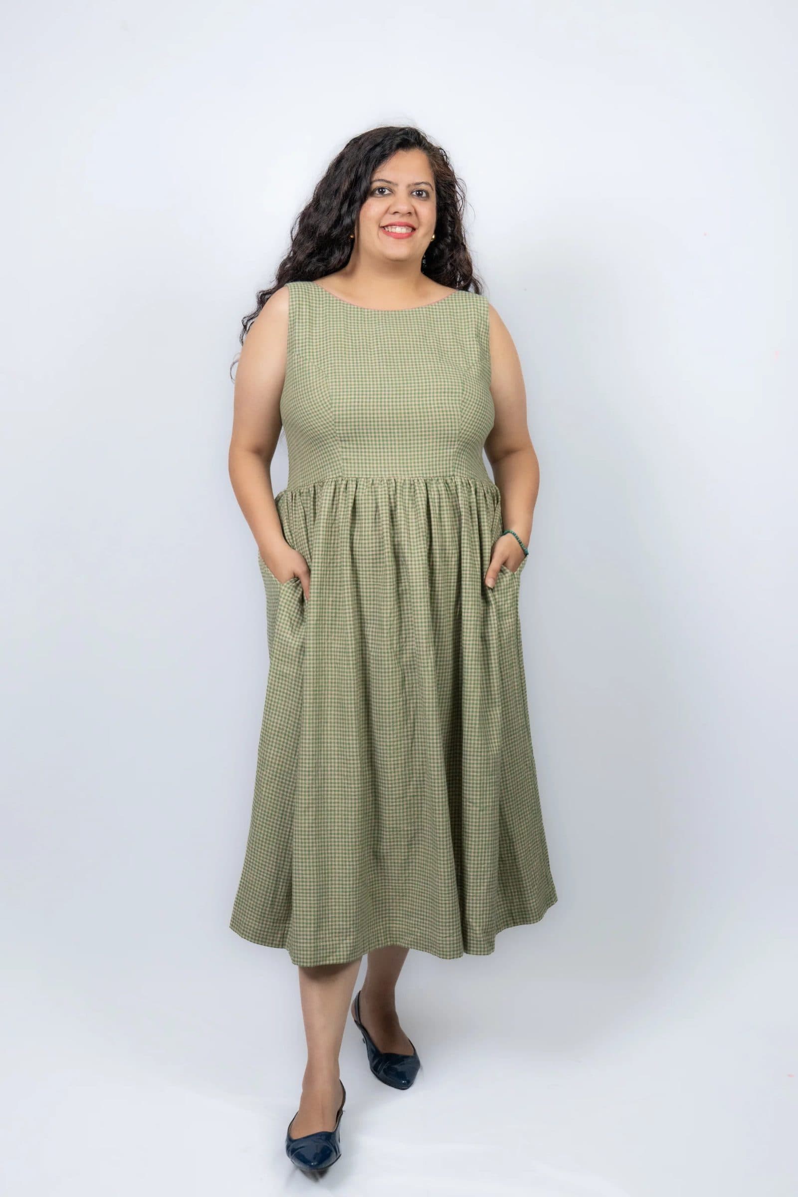 Green Handloom Khadi Cotton Pakshi Midi Dress For Women image 7