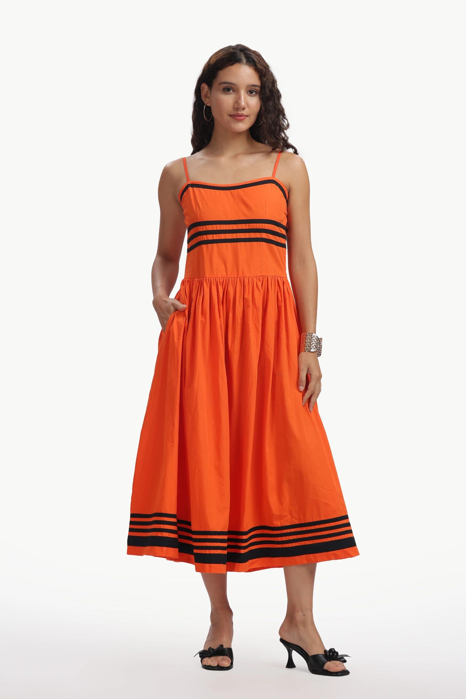 Orange Cotton Padma Midi Dress For Women image 1