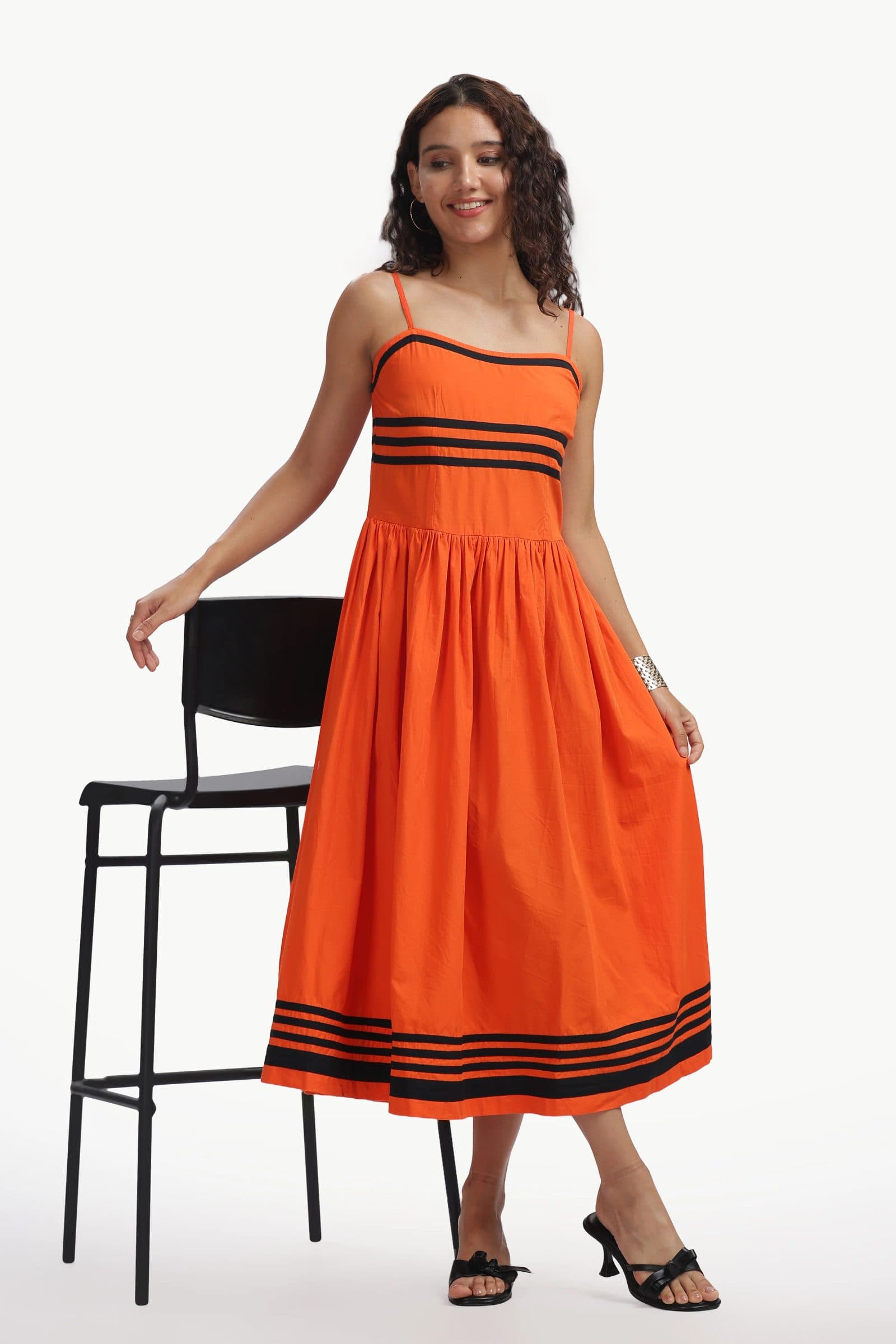 Orange Cotton Padma Midi Dress For Women image 3