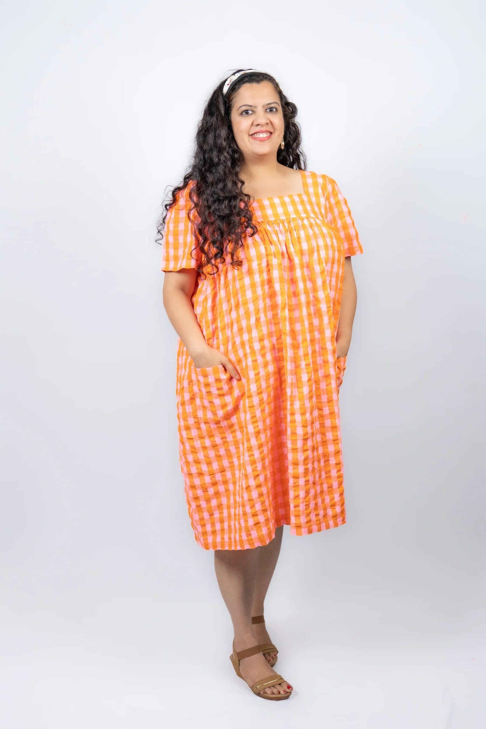 Orange Cotton Seersucker Vandana Midi Dress For Women image 1
