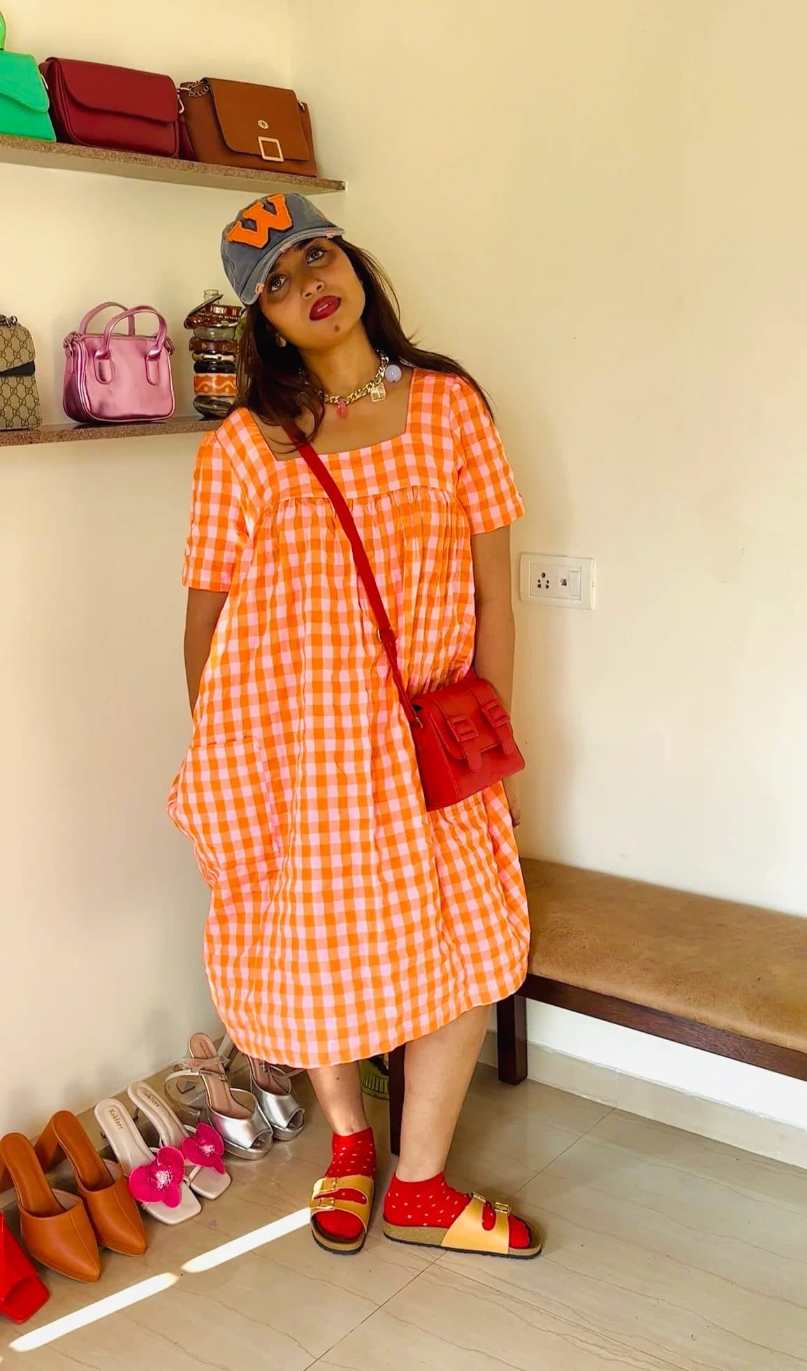 Orange Cotton Seersucker Vandana Midi Dress For Women image 2
