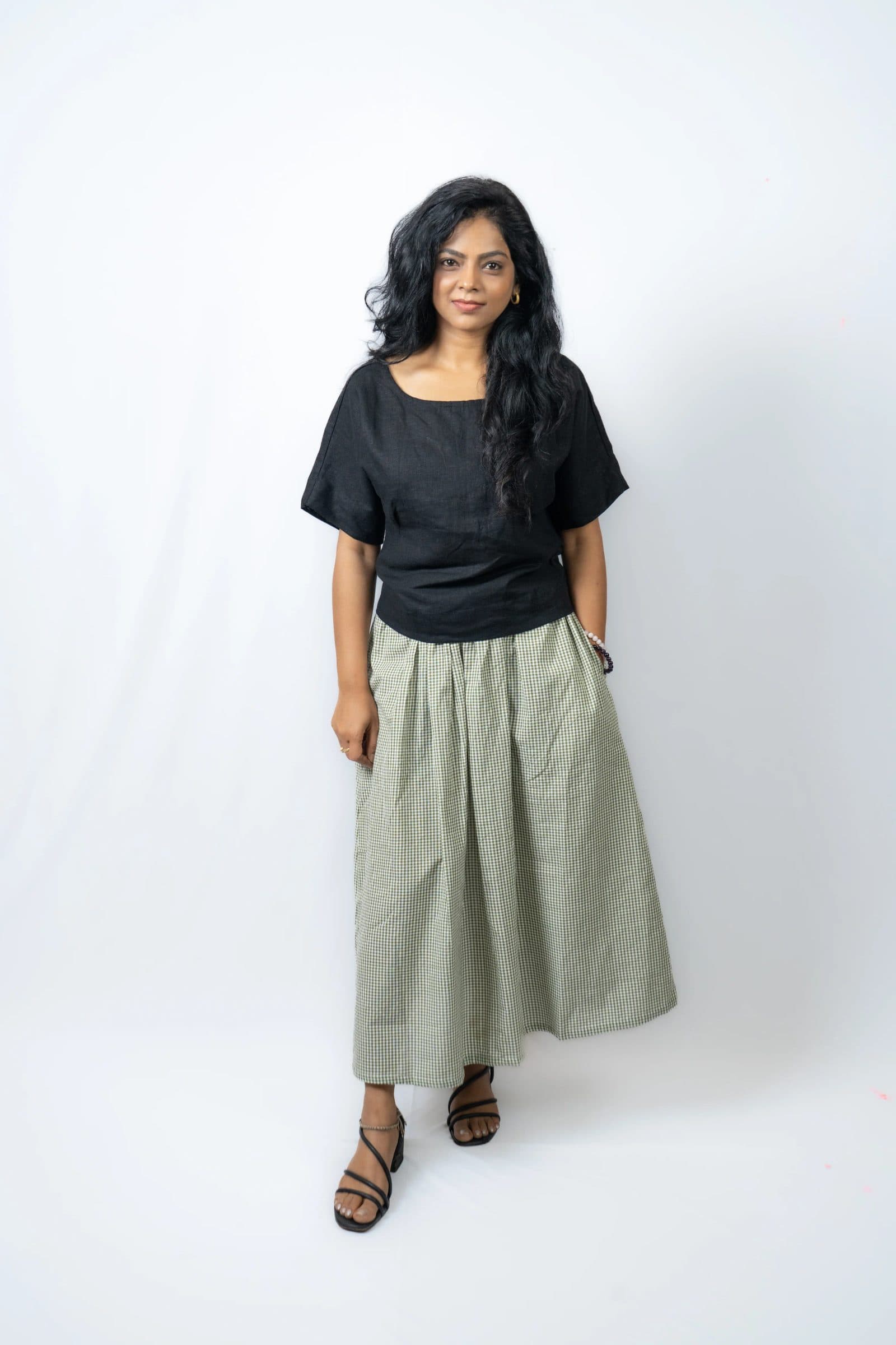 Sage Green Cotton Seersucker Midi Length Pacche Skirt For Women