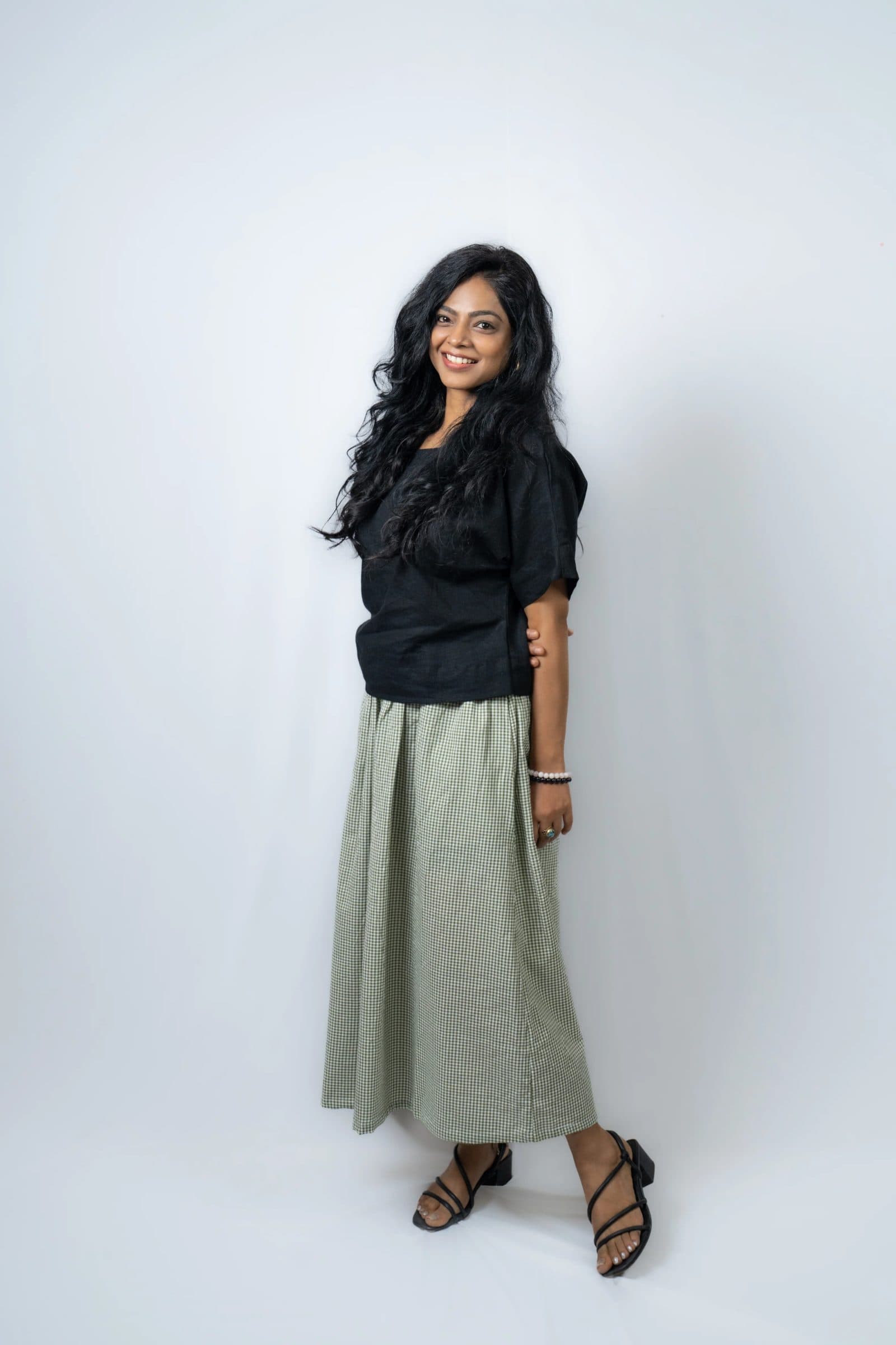 Sage Green Cotton Seersucker Midi Length Pacche Skirt For Women image 3