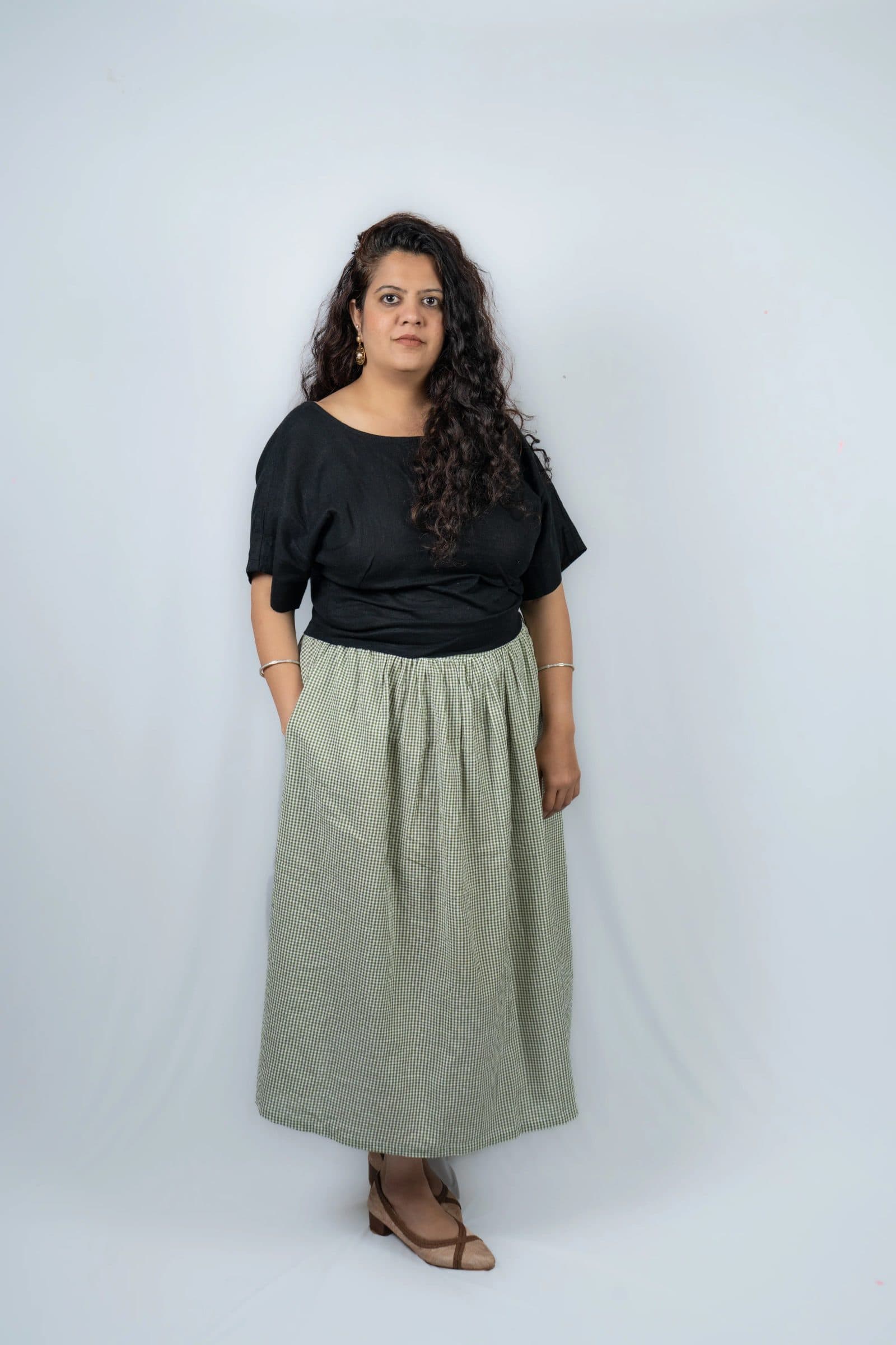 Sage Green Cotton Seersucker Midi Length Pacche Skirt For Women image 5