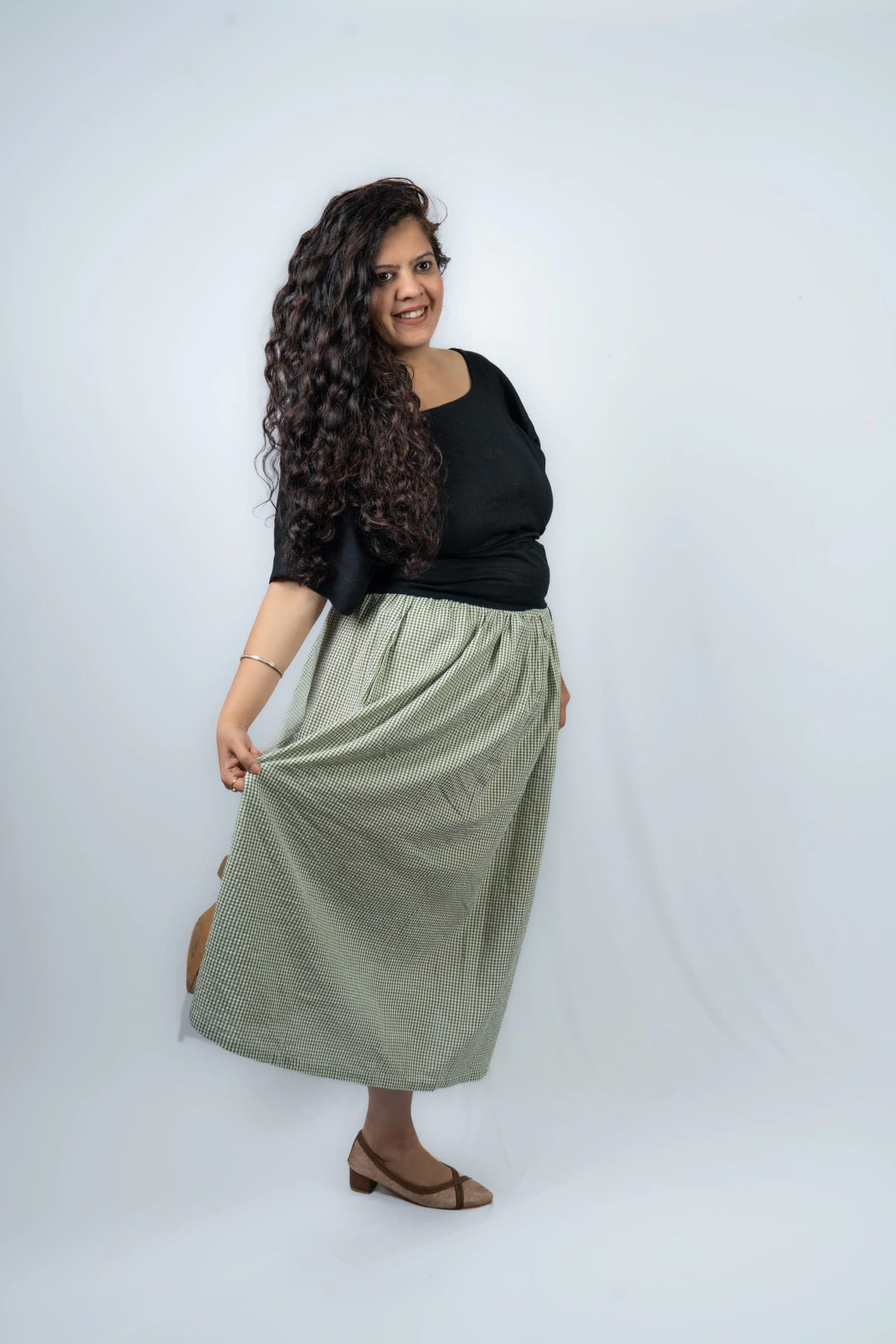 Sage Green Cotton Seersucker Midi Length Pacche Skirt For Women image 6