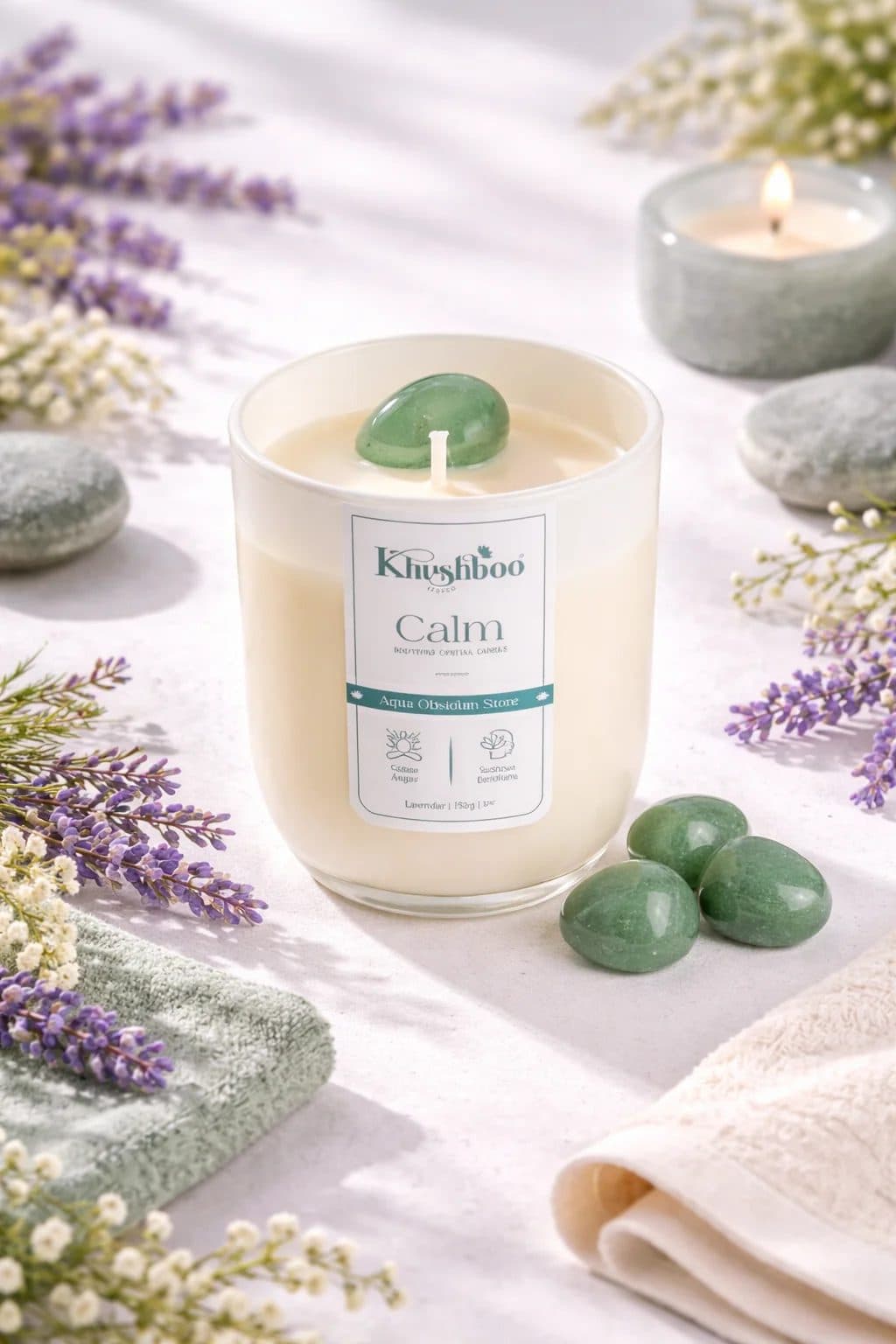 Calm Crystal Candle with Aqua Obsidian Stone 200g image 1