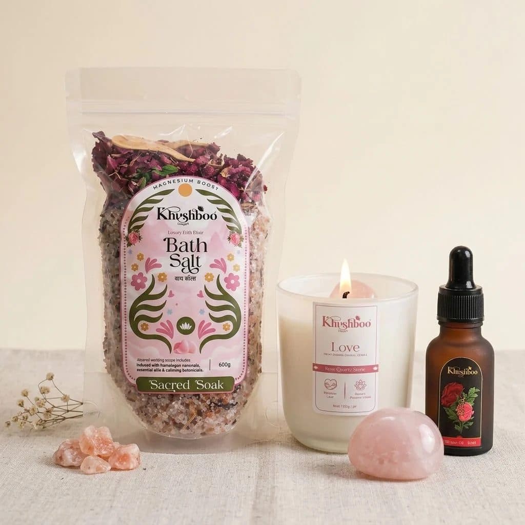 Luxury Spa Combo Gift Set | Bath Salt, Rose Quartz Candle & Essential Oil | Pampering Self-care Ritual image 1