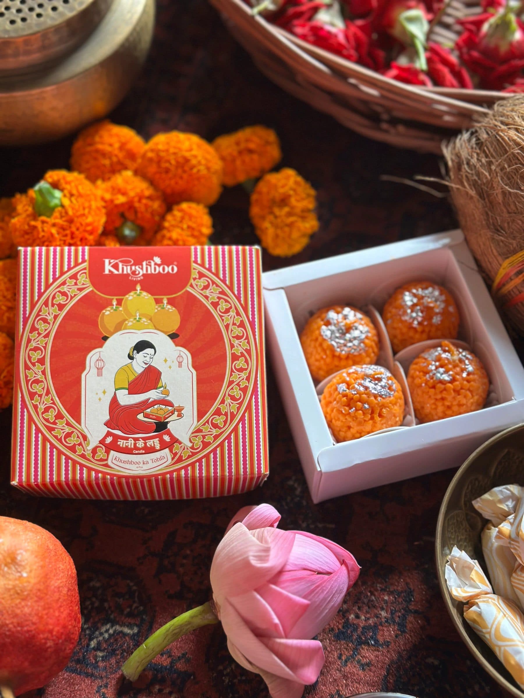 Nani Ke Laddoo Box of 4 Laddu Scented Candle Gift Box | Nani Ke Laddoo Handmade Indian Sweets Decorative Candles | Festive Home Decor for Diwali & Weddings (Saffron Sandalwood) image 1