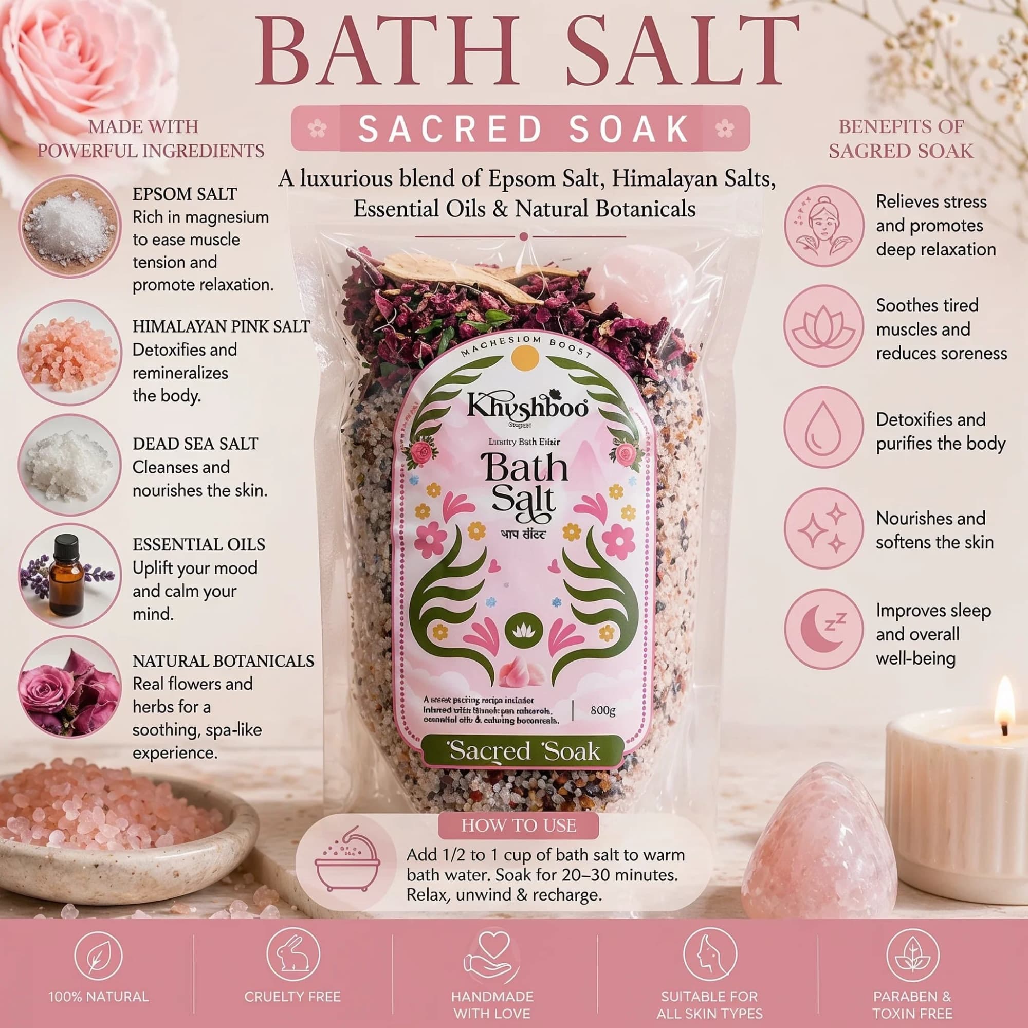 Luxury Magnesium Wellness Bath Salt with Vitamin E – Free Wooden Scoop & Rose Quartz image 8