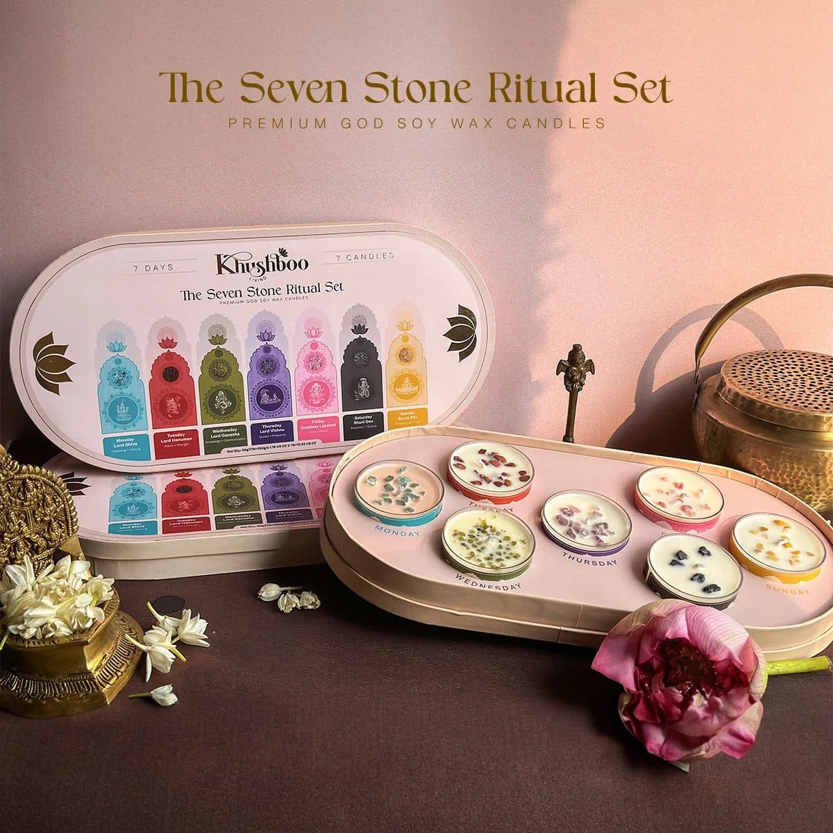 The 7 Hindu God Scented Candle Ritual Set | Luxury Gift Set with Real Gemstone Crystals image 1